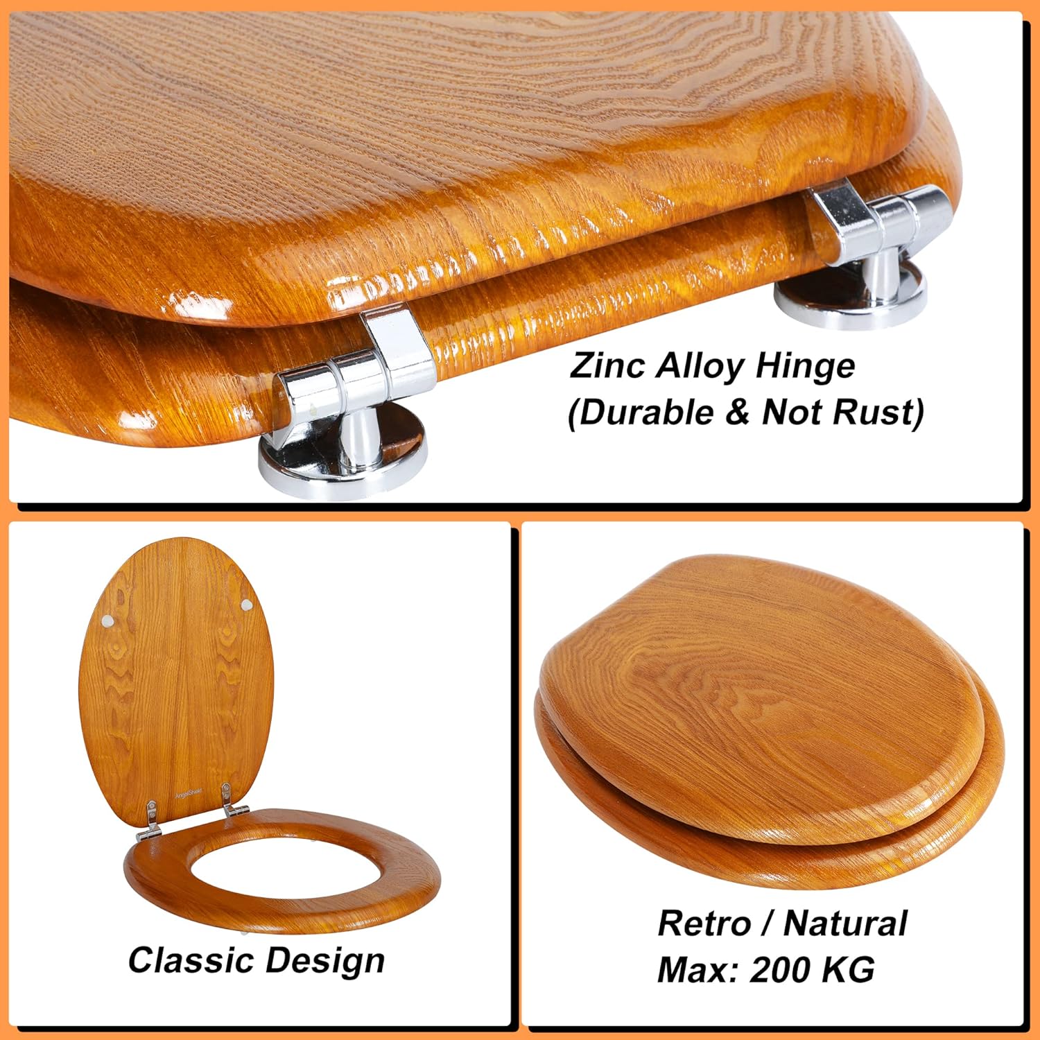 Angel Shield Toilet Seat Natural Wooden Toilet Seat with Zinc Alloy