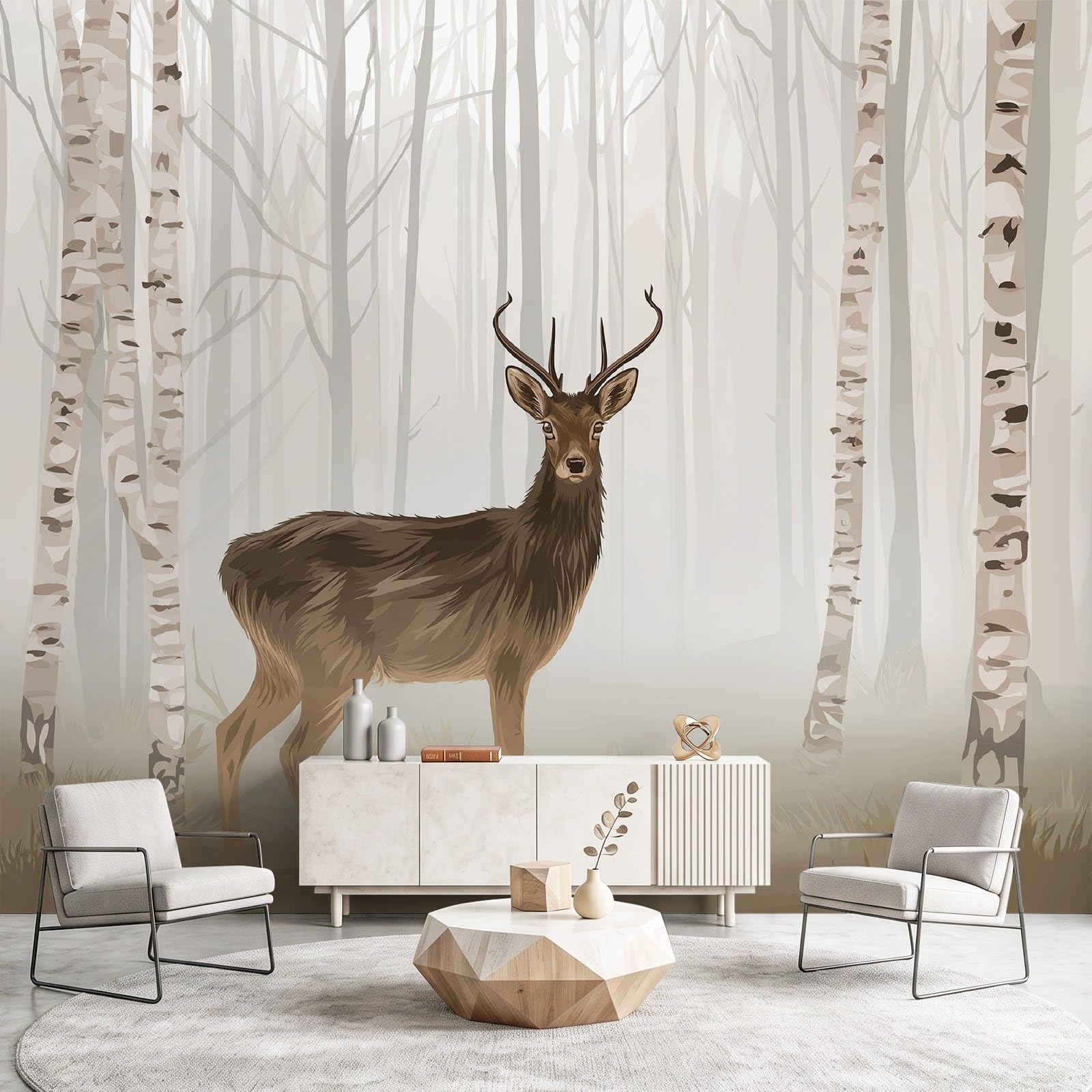 Générique Tapeta z włókniny 350 x 256 cm, mgiełka jeleń brzozy fototapeta do wejścia i sypialni, dekoracja ścienna jasnobrązowa natura realistycznie kojąca