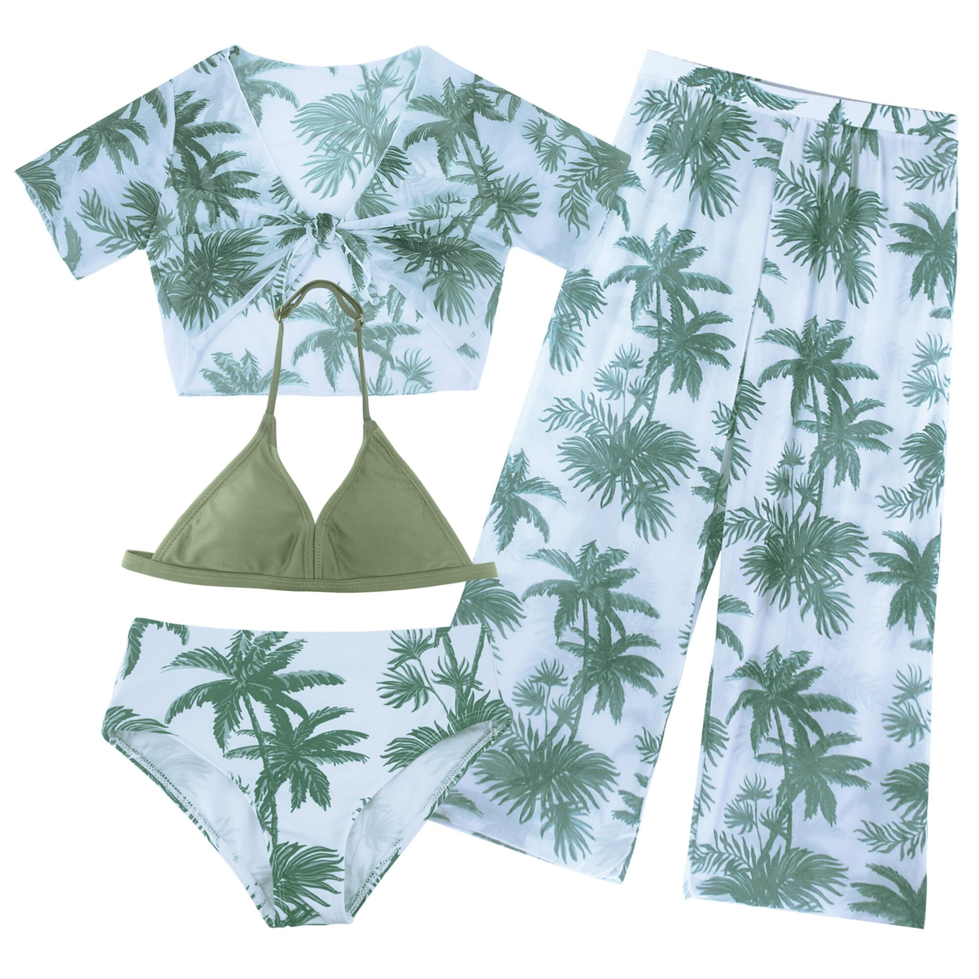 AIEOE 4 Piezas Traje de Baño Bikini Conjunto Niñas con Tropical Print Protección Solar Bañador con Pantalones 8-12 Años