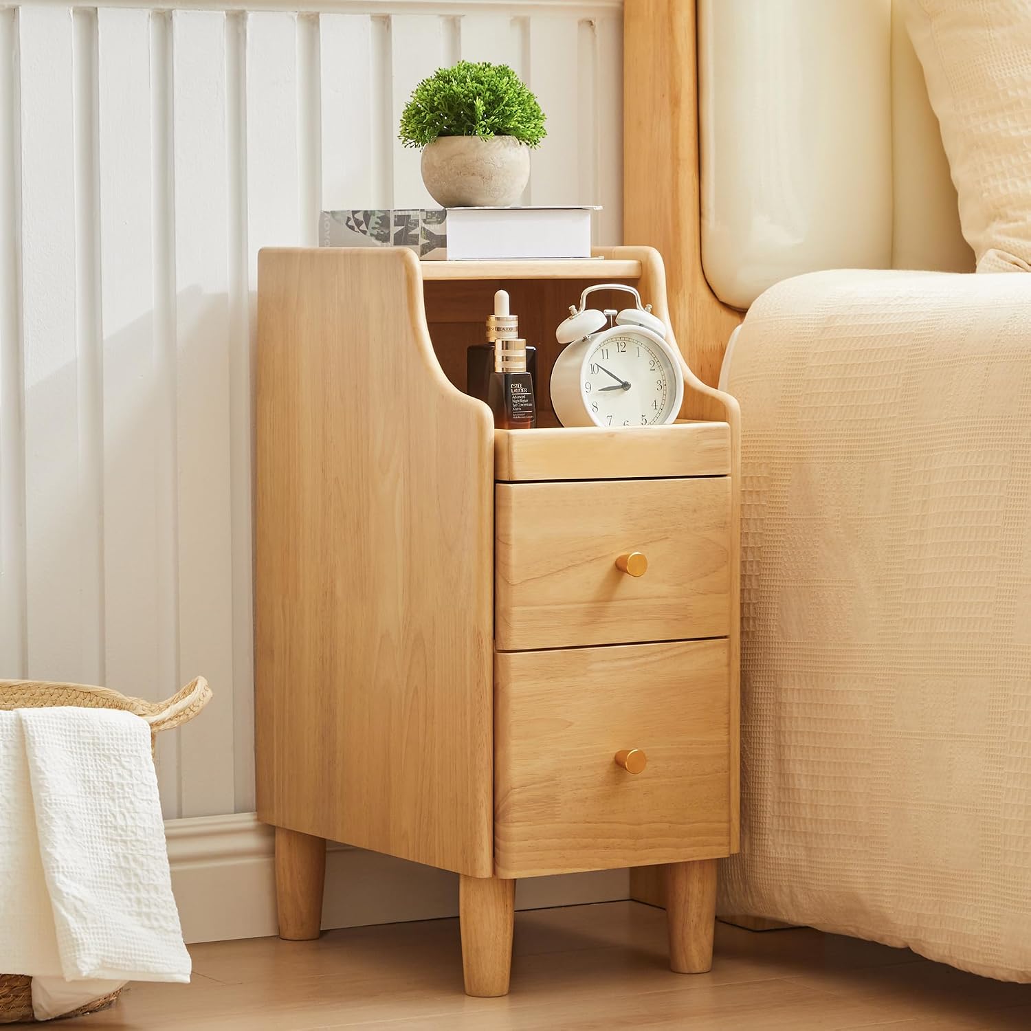 Sylphorium Solid Wood Narrow Nightstand with 2 Drawers & Slide-Out Tray - Mid-Century Modern Slim Bedside Table for Small Spaces