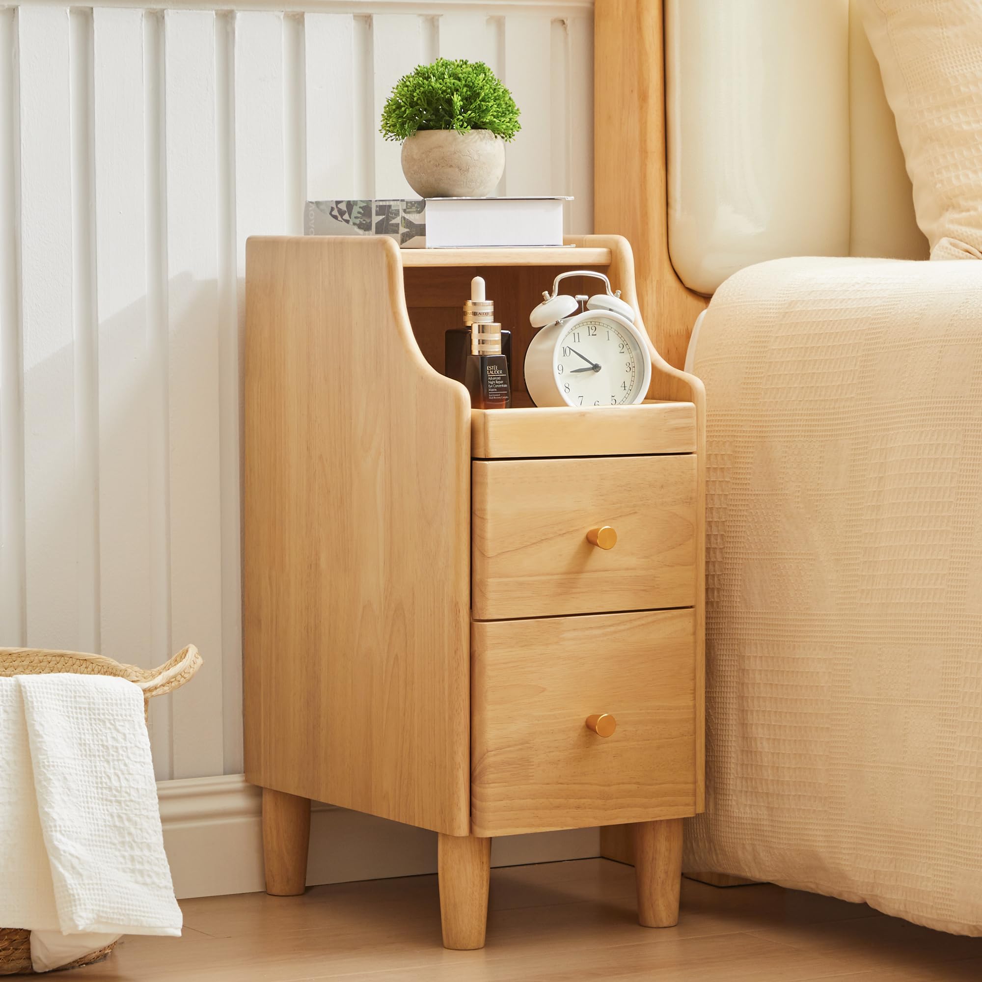 Solid Wood Narrow Nightstand, Slim Bedside Table with 2 Drawers & Slide-Out Tray, Mid-Century Modern End Table Side Table for Bedroom, Living Room, Small Spaces (Natural)