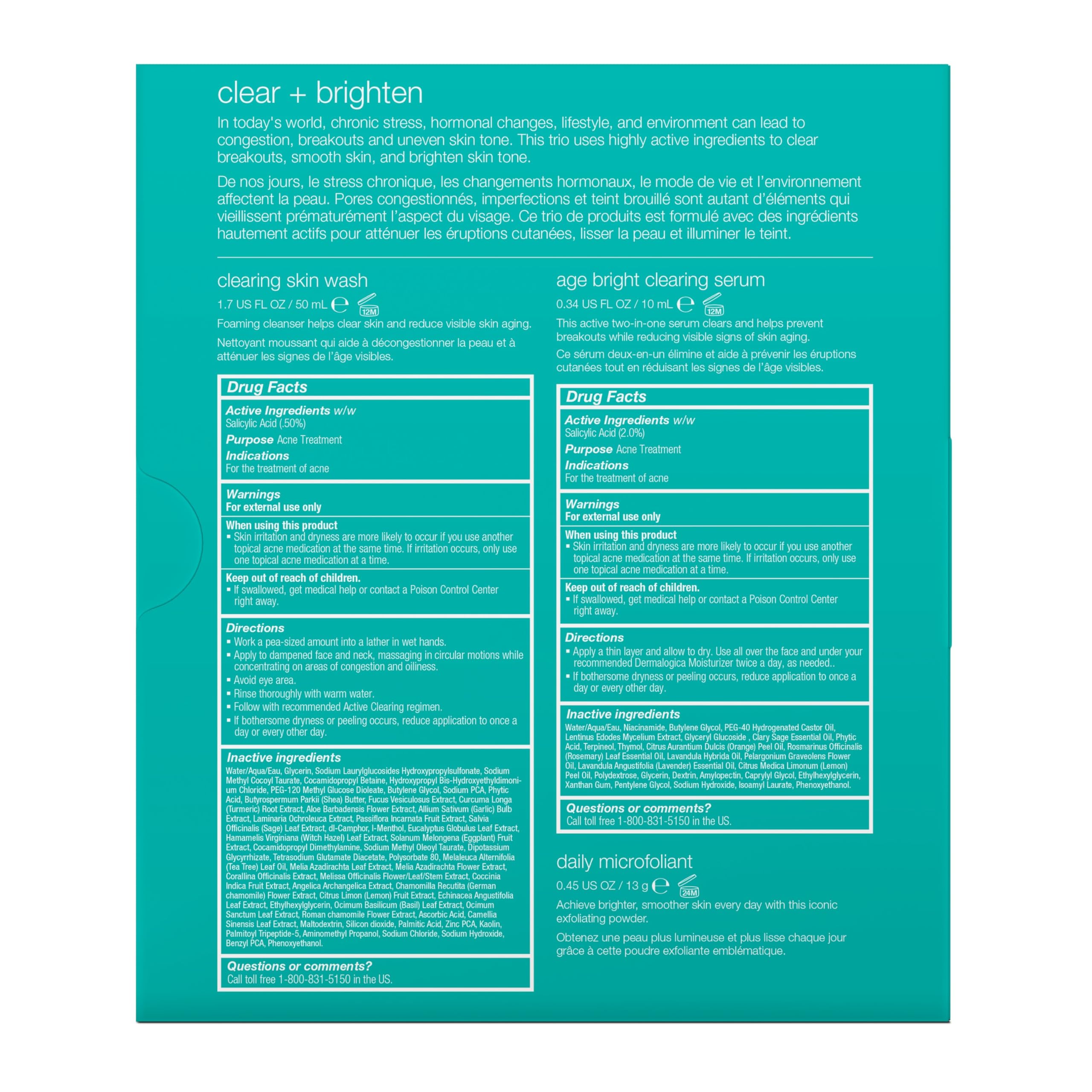 Dermalogica Clear and Brighten Kit, 3 Step Facial Skincare Set - Includes Face Cleanser, Exfoliator, and Serum