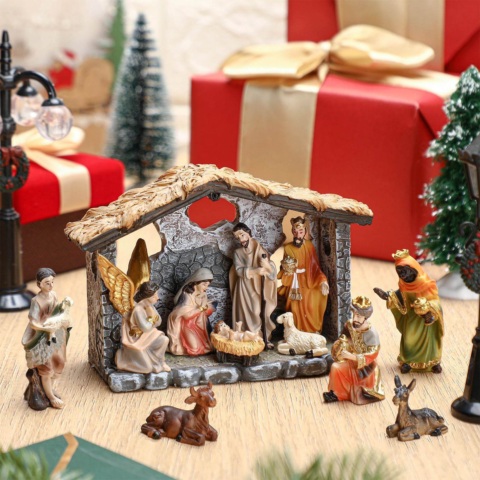 Geetery Cartoon-Weihnachtskrippen-Set enthält Krippe und Figuren, rustikale Kunstharz, bunte Weihnachtskrippe, religiöse Tischfiguren, Dekorationen für christliche Kinder, Tischdekoration (einfach)