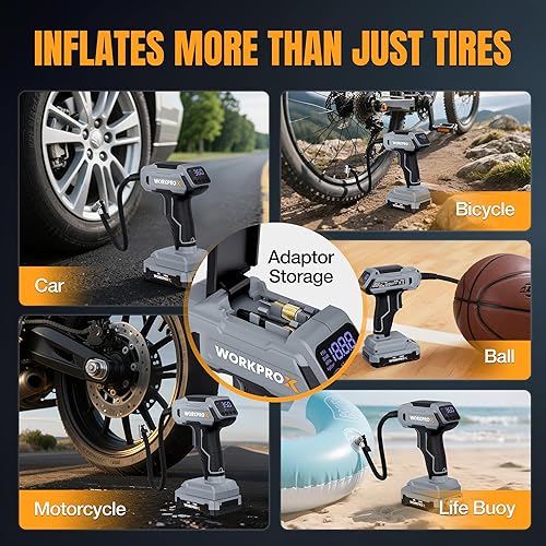 Miniatura 7 de WORKPRO Compresor de aire portátil para inflador de neumáticos, bomba de neumáticos inalámbrica de 150 PSI con medidor de presión digital, inflado