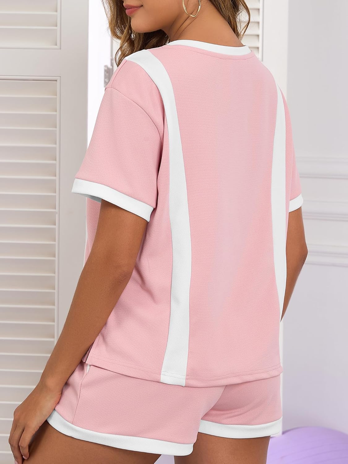 Women's Two Piece Outfits Color Block Lounge Sets Casual Short Sleeve Pullover Tops Matching Shorts - Image 4