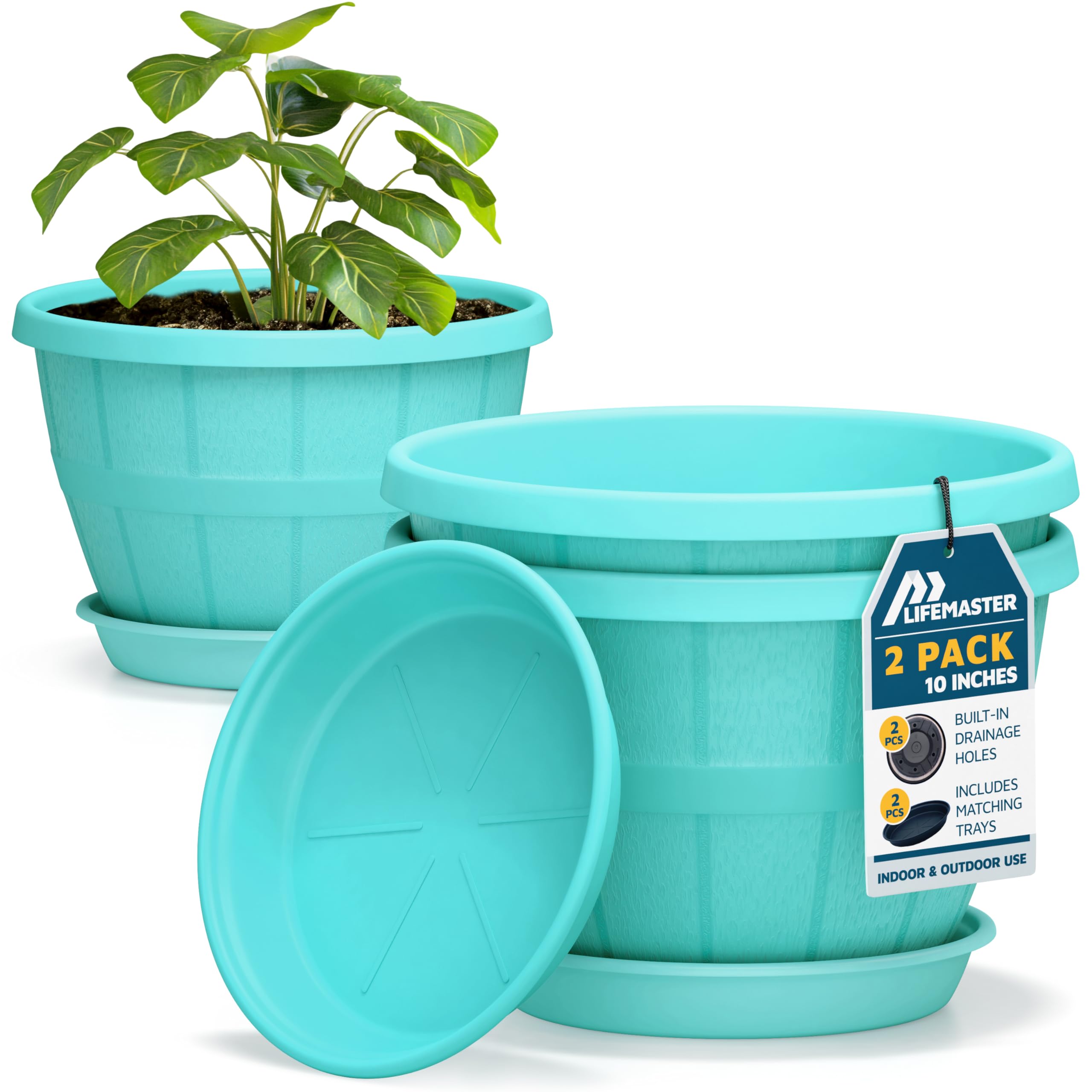 Photo 1 of 10-Inch Whiskey Barrel Planters Outdoor Pack of 2 - Durable Plastic Plant Pots for Indoor & Outdoor Use with Drainage & Saucer, Lightweight Rustic Barrel Planters for Flowers, Herbs & Small Plants