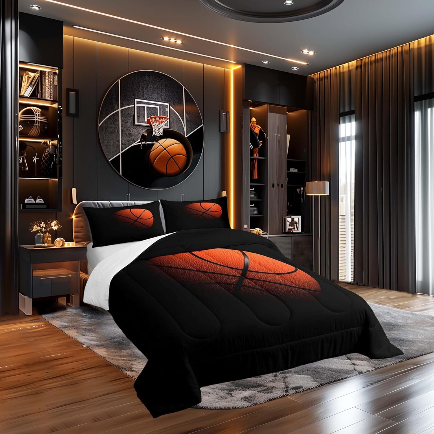 Castle Fairy Boys 3D Basketball King Size Comforter Set,Kids Sports Gaming Decor All Season Bedding Set,Teens Sport Basketball Comforter,Girls Black and Yellow Decor Quilt Set Bedroom Collection 3Pcs