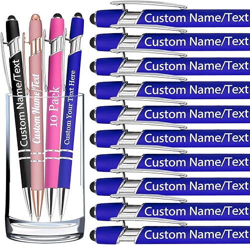Bolígrafos personalizados con nombre, paquete de 10 bolígrafos personalizados a granel, bolígrafo de tinta negra grabada con punta de lápiz óptico