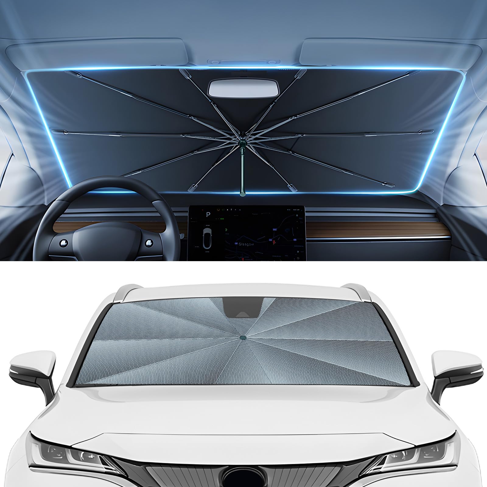 Autorder Windshield Sun Shade Umbrella for 2021-2026 Toyota Venza Accessories,Upgraded Ice Crystal Material,Easy Setup Umbrella Sunshade for Car Windshield,100% Sun Blocking