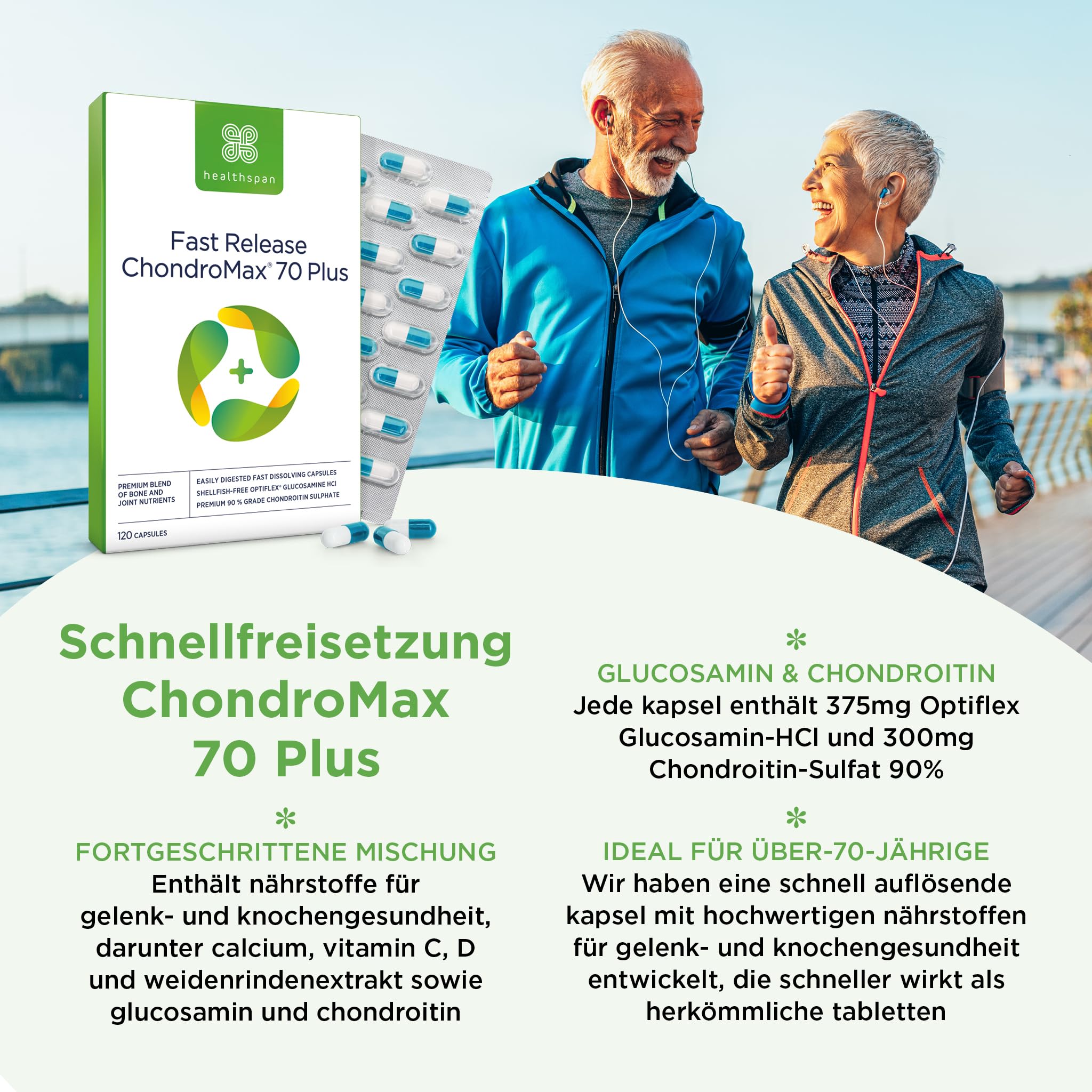 Healthspan Glucosamin & Chondroitin 70 Plus | Hochwertige Gelenkgesundheit mit Optiflex Glucosamin HCI, Vitaminen und Mineralien | Schnell lösliche Kapseln für Menschen über 70 Jahre | 120 Kapseln