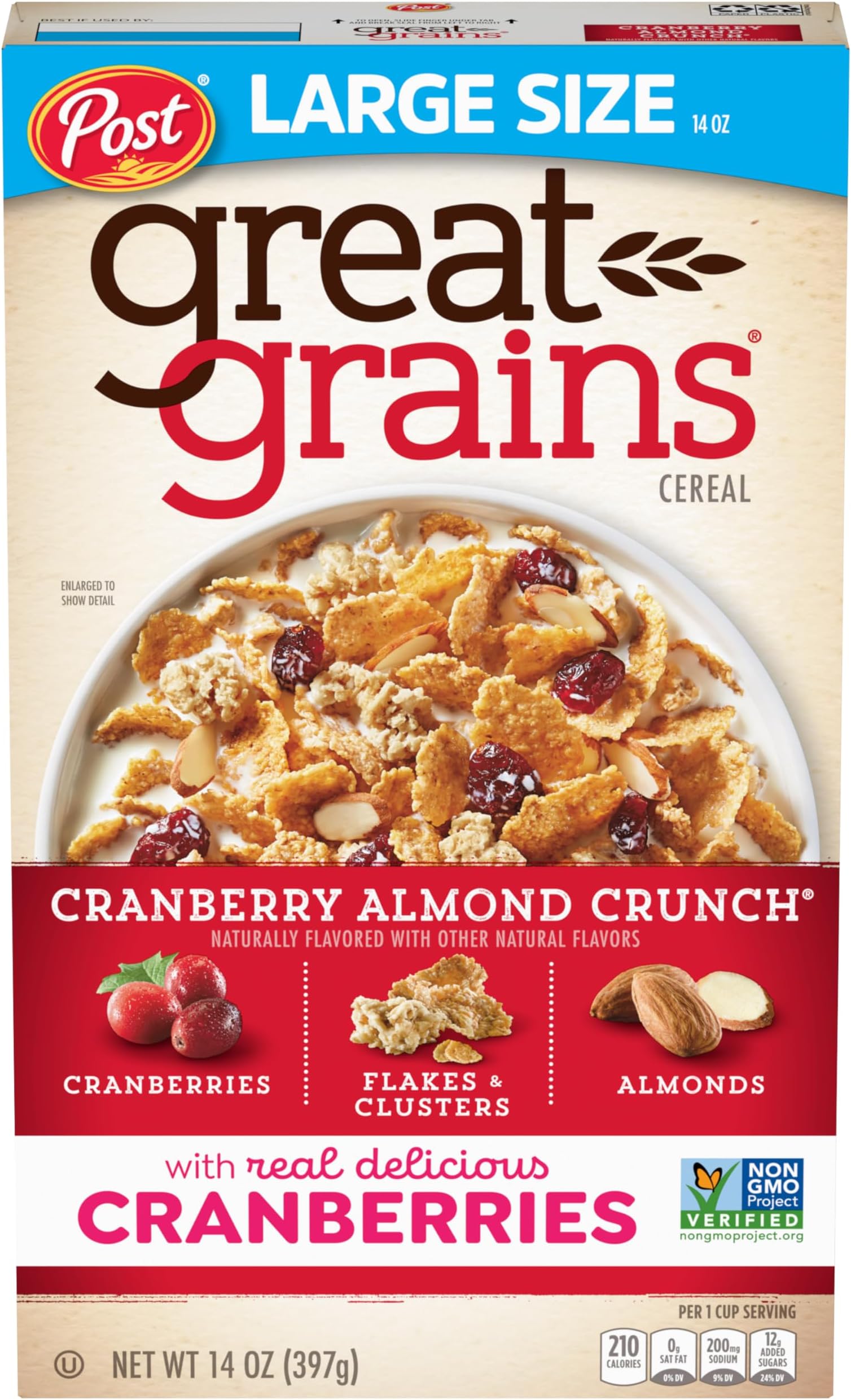 Great Grains Cranberry Almond Crunch Breakfast Cereal for Adults, Dried Cranberries and Almonds, Made with Whole Grain, Non-GMO, Heart Healthy, 14 OZ Box