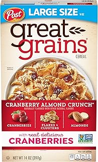 Great Grains Cranberry Almond Crunch Breakfast Cereal for Adults, Dried Cranberries and Almonds, Made with Whole Grain, Non-GMO, Heart Healthy, 14 OZ Box
