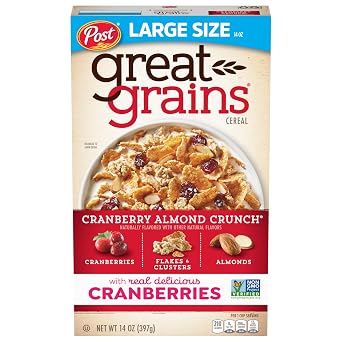 Great Grains Cranberry Almond Crunch Breakfast Cereal for Adults, Dried Cranberries and Almonds, Made with Whole Grain, Non-GMO, Heart Healthy, 14 OZ Box
