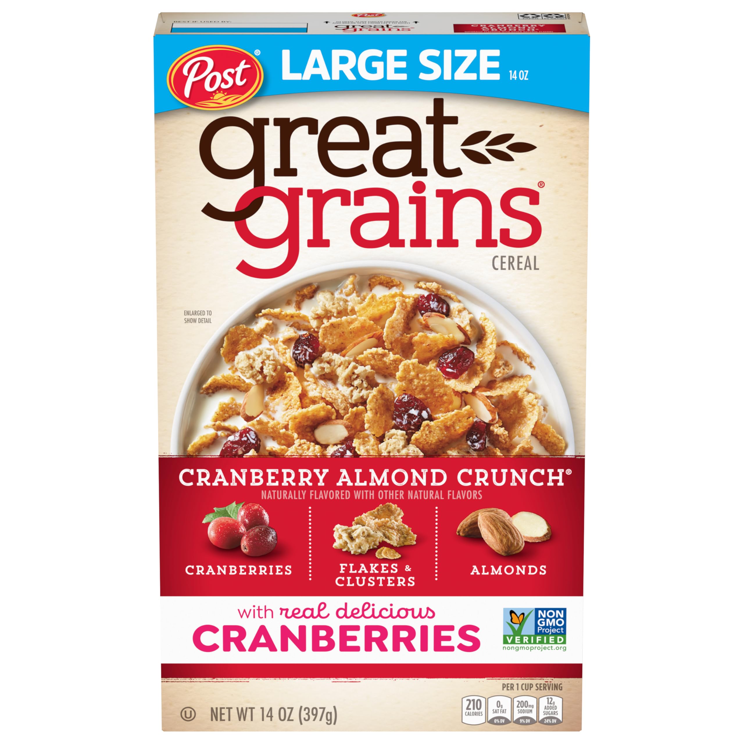 Great Grains Cranberry Almond Crunch Breakfast Cereal for Adults, Dried Cranberries and Almonds, Made with Whole Grain, Non-GMO, Heart Healthy, 14 OZ Box