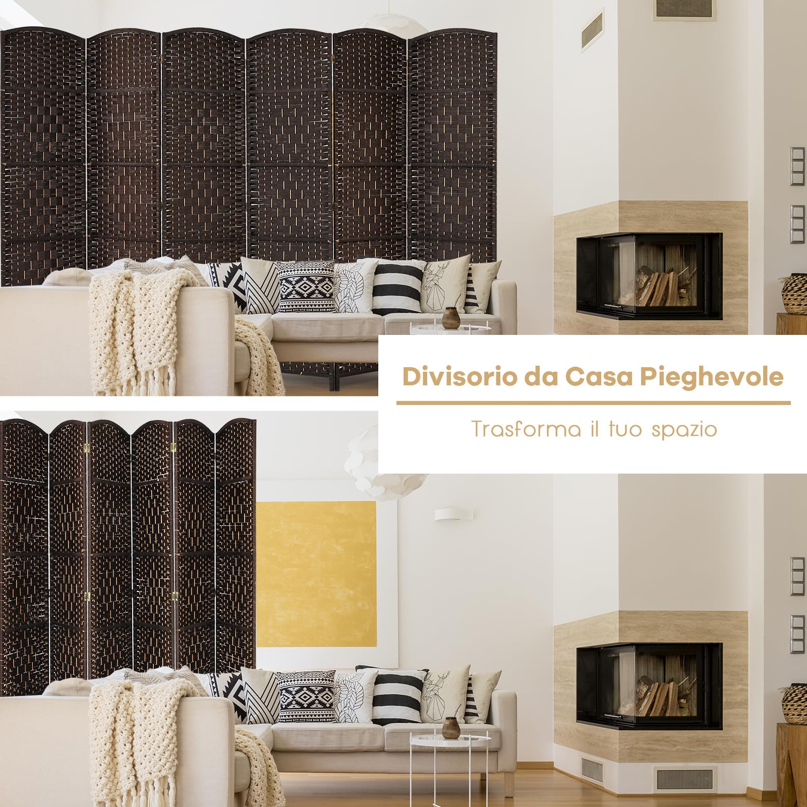 COSTWAY Paravento da Interno ed Esterno 6 Pannelli, Separé Divisorio Pieghevole in Carta Intrecciata a Mano e Cornice in Legno Massello per Camera da Letto, Soggiorno e Ufficio, 273 x 180 cm (Marrone)