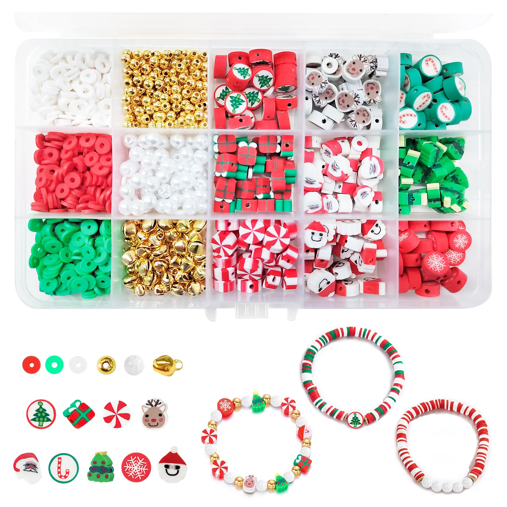 Fogcosy 1080 Pcs Christmas Clay Beads Bracelet Making Kit, Christmas Beads for Jewelry Making with Clear String, Xmas DIY Bracelet Necklace Supplies for Crafts Gift for Kids Adults