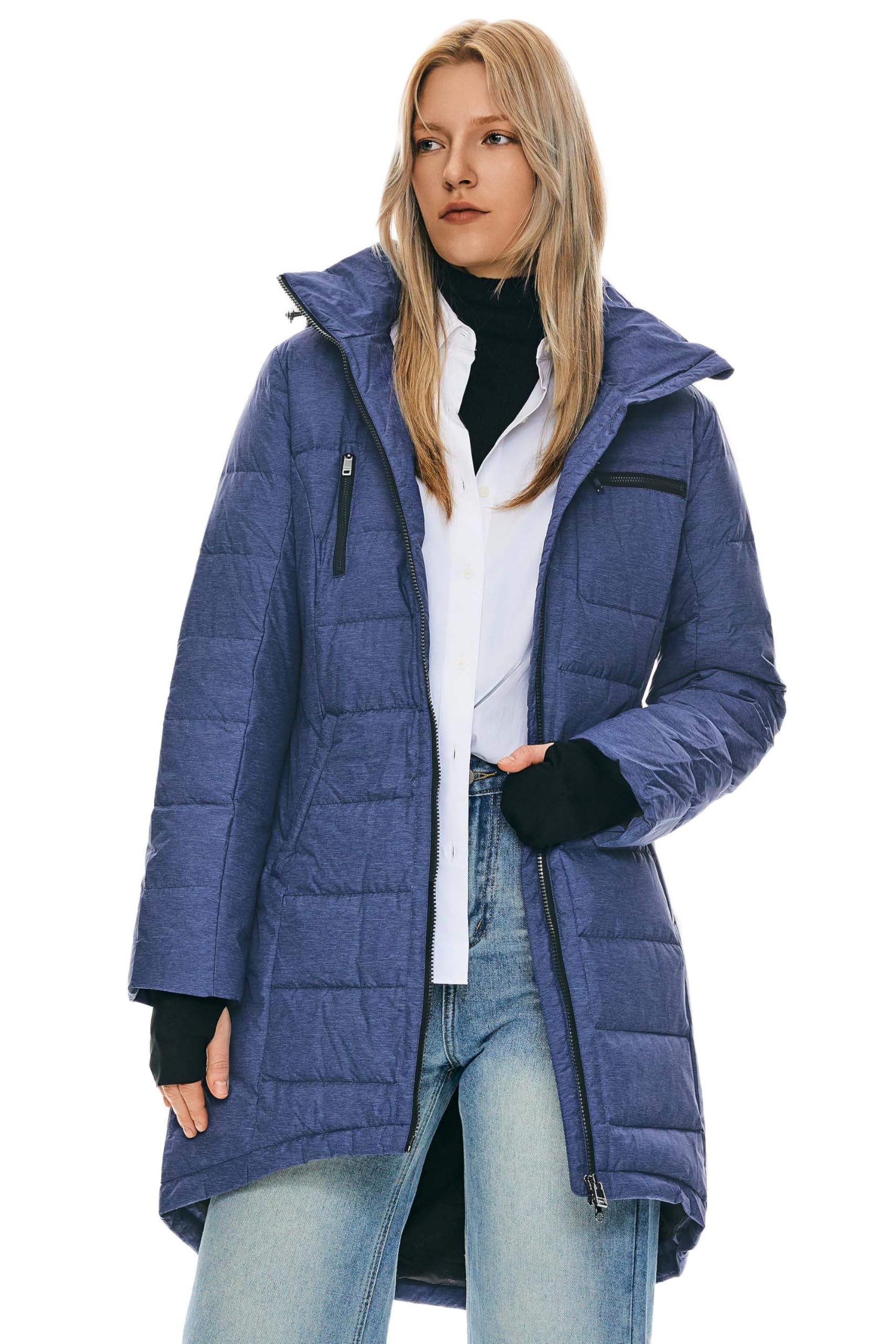 Orolay Women's Winter Puffer Jacket Hooded Warm Windproof Down Coat Mid-Length Quilted Thermal Outwear Blue S