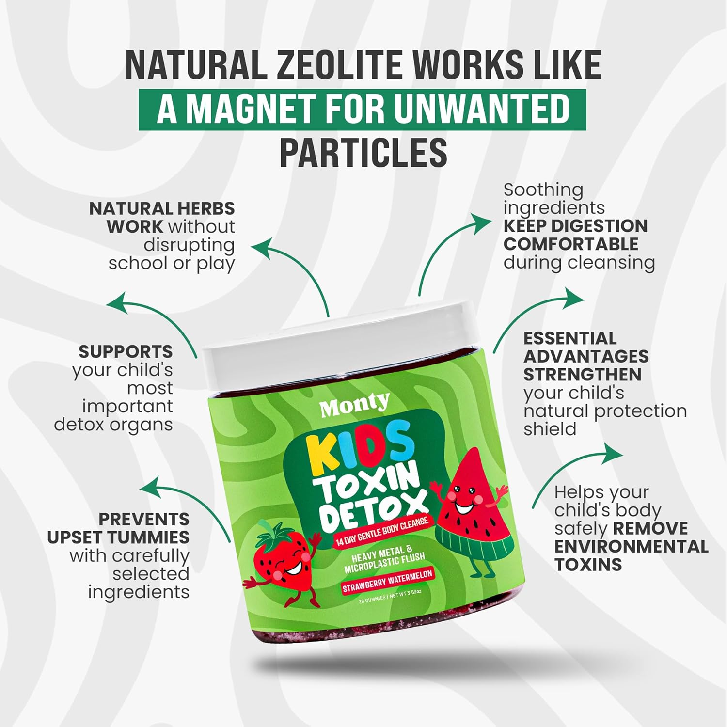 Zeolite Detox for Kids, Heavy Metal & Microplastic Detox, 14 Day Gentle Cleanse, Development, Behavior, Energy and Gut Health, Vegan Gummies w/ Chlorella & Fibersol-2, Strawberry Watermelon Flavor