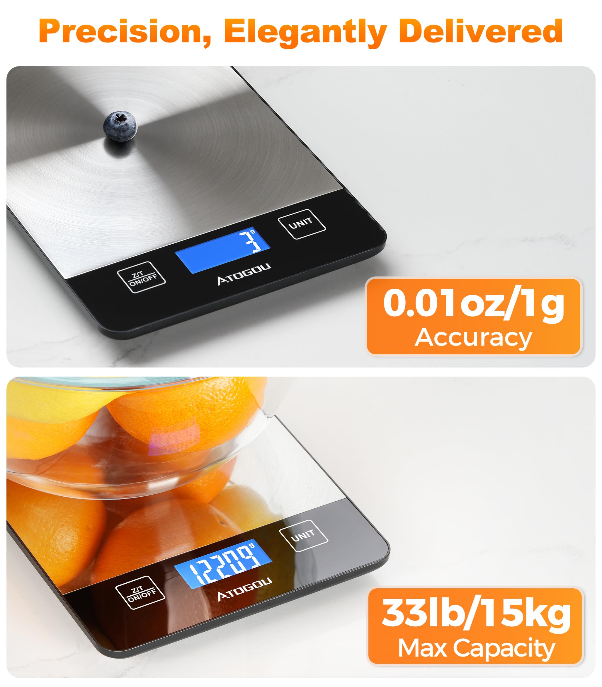 ATOGOU Báscula de cocina recargable con pantalla LCD retroiluminada de visión completa, superficie de acero inoxidable impermeable, carga USB o pilas AAA (no incluidas), para hornear, cocinar