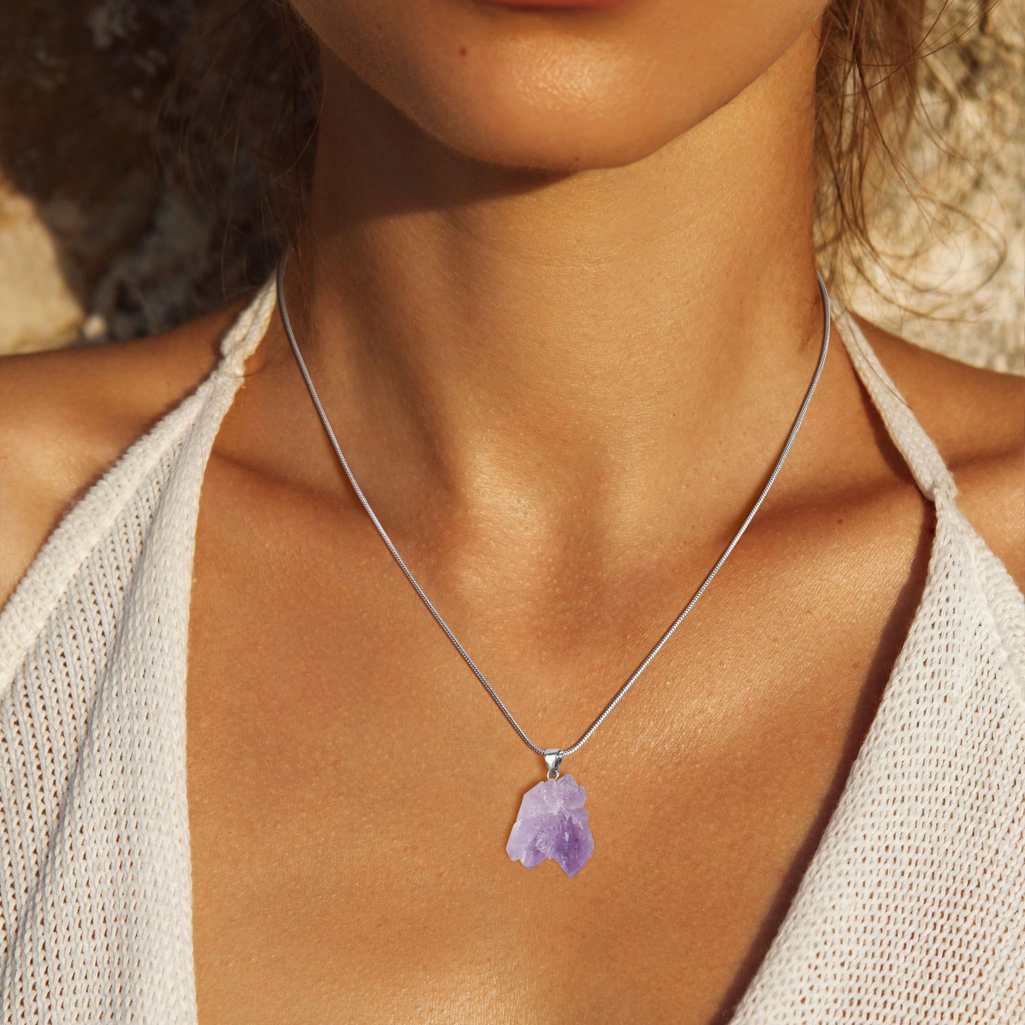 coai Collana da Donna in Acciaio Inox con Ciondolo di Ametista Grezza Naturale, Collana Ametista Grezza da Donna