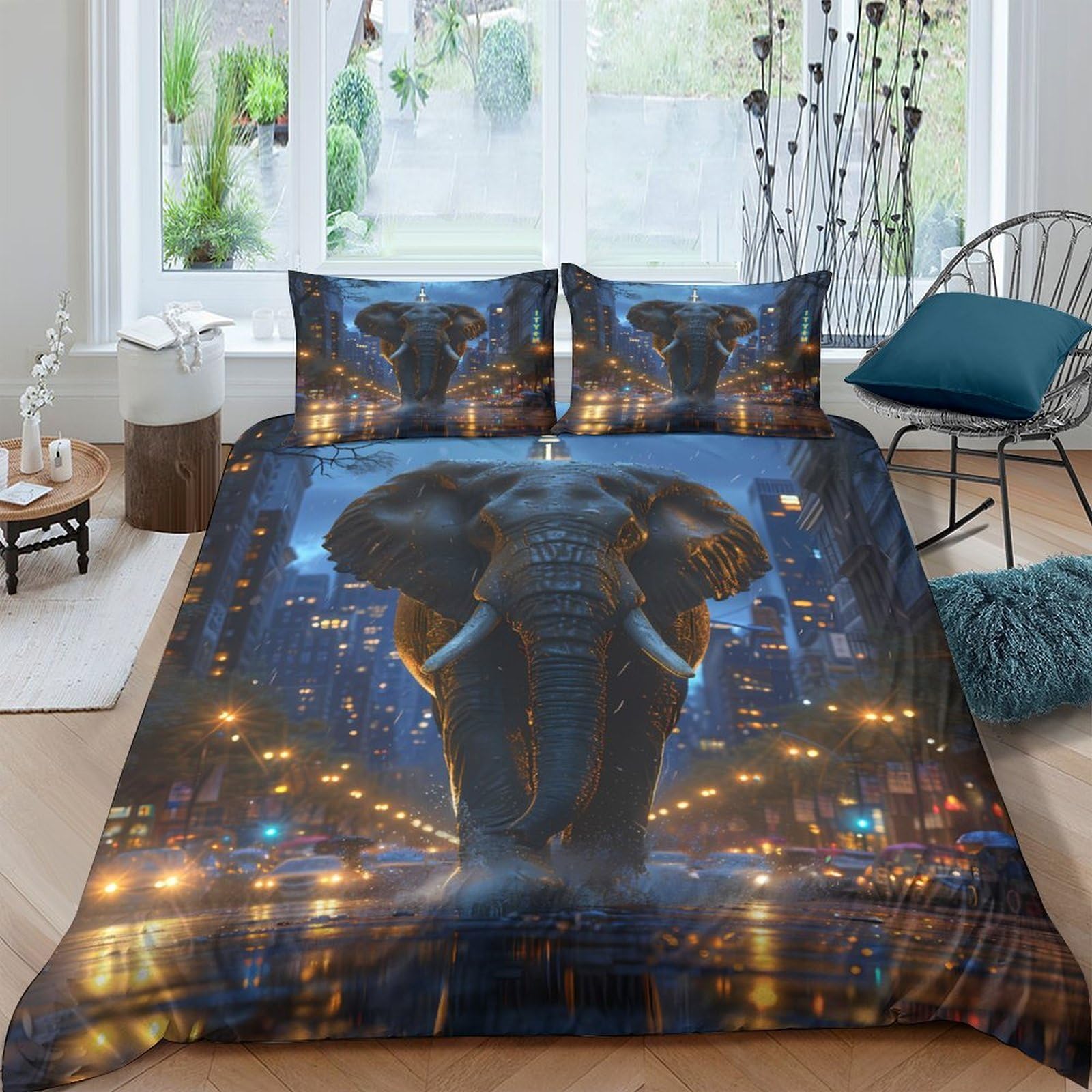 Ctjqhvkz Style-3 3D Printed City Night Elephant Fitted Sheet Microfiber Soft Bedroom Decor Urban Lights Mattress Cover Single（135X200cm）