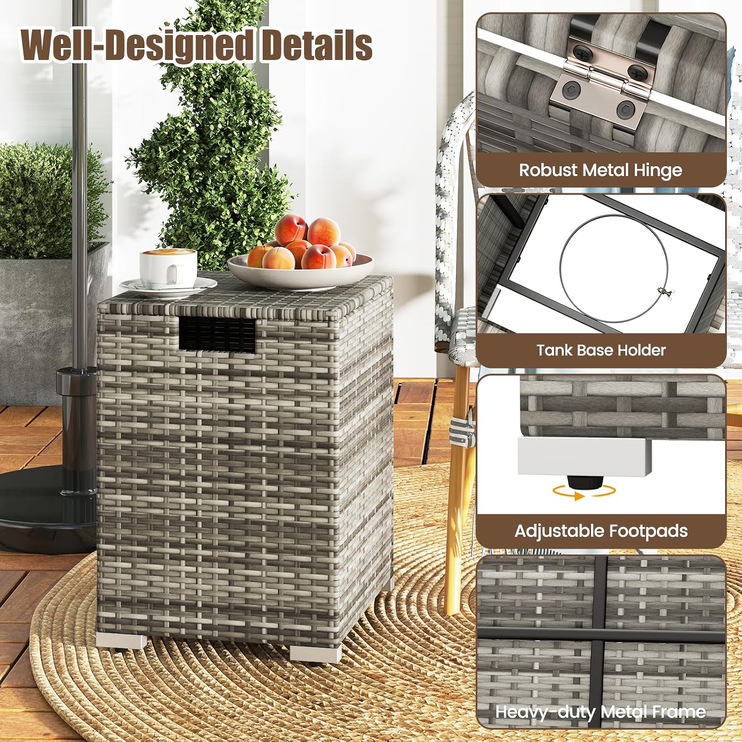 HAPPYGRILL Propane Gas Tank Cover Table, 2-in-1 Rattan Hideaway Propane Gas Tank Table, Storage Side Table for 20 lbs Propane Tanks, Outdoor Patio Gas Tank End Table for Propane Stoves (Grey)