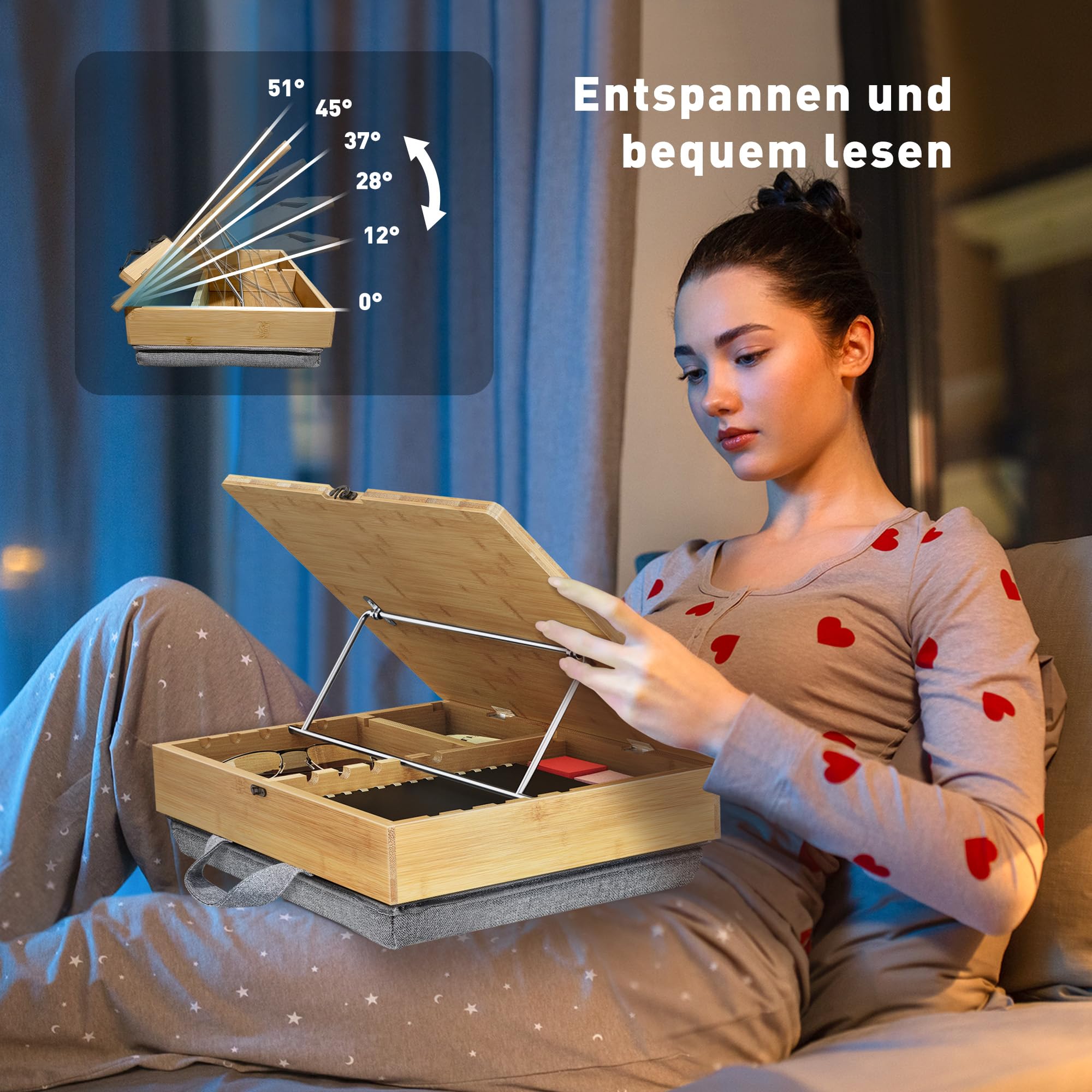 AboveTEK Buchständer zum Lesen mit Aufbewahrung, verstellbarer Bambus-Buchhalter mit weichem Schoßkissen, Kochbuchständer, freihändiger Buchleseständer für Bett, Schreibtisch und Küchentheke