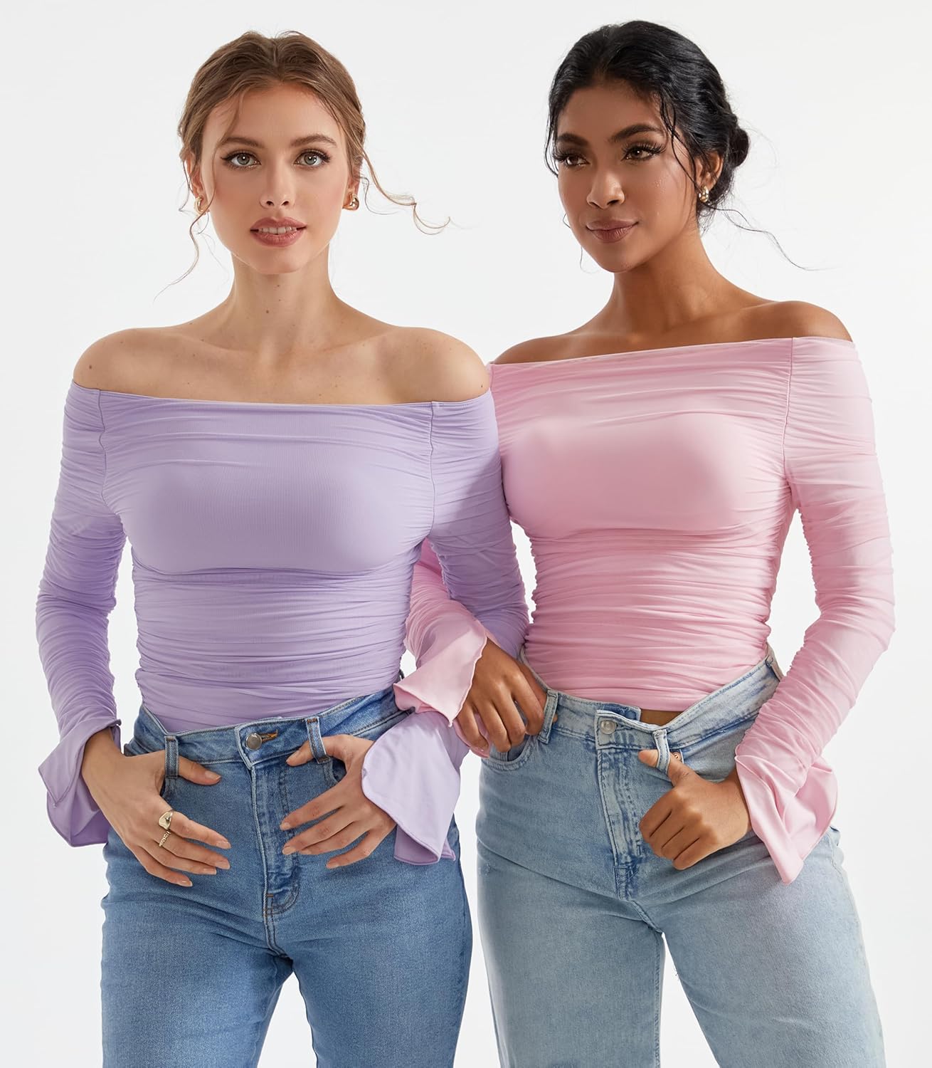 omkagi women long sleeve tops boat neck off shoulder shirts fitted going out y2k crop top flare sleeve x-small baby pink