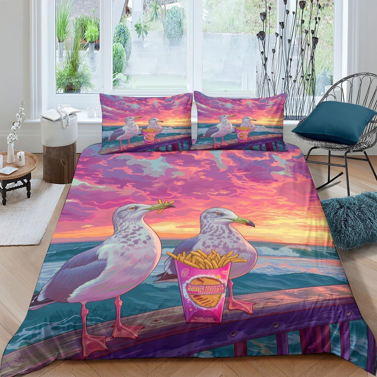 Ctjqhvkz Style-10 3D Printed Sunset Seagull Fitted Sheet Microfiber Soft Easy Care Ocean View Bed Cover For Bedroom Dorm Decor Single（135X200cm）