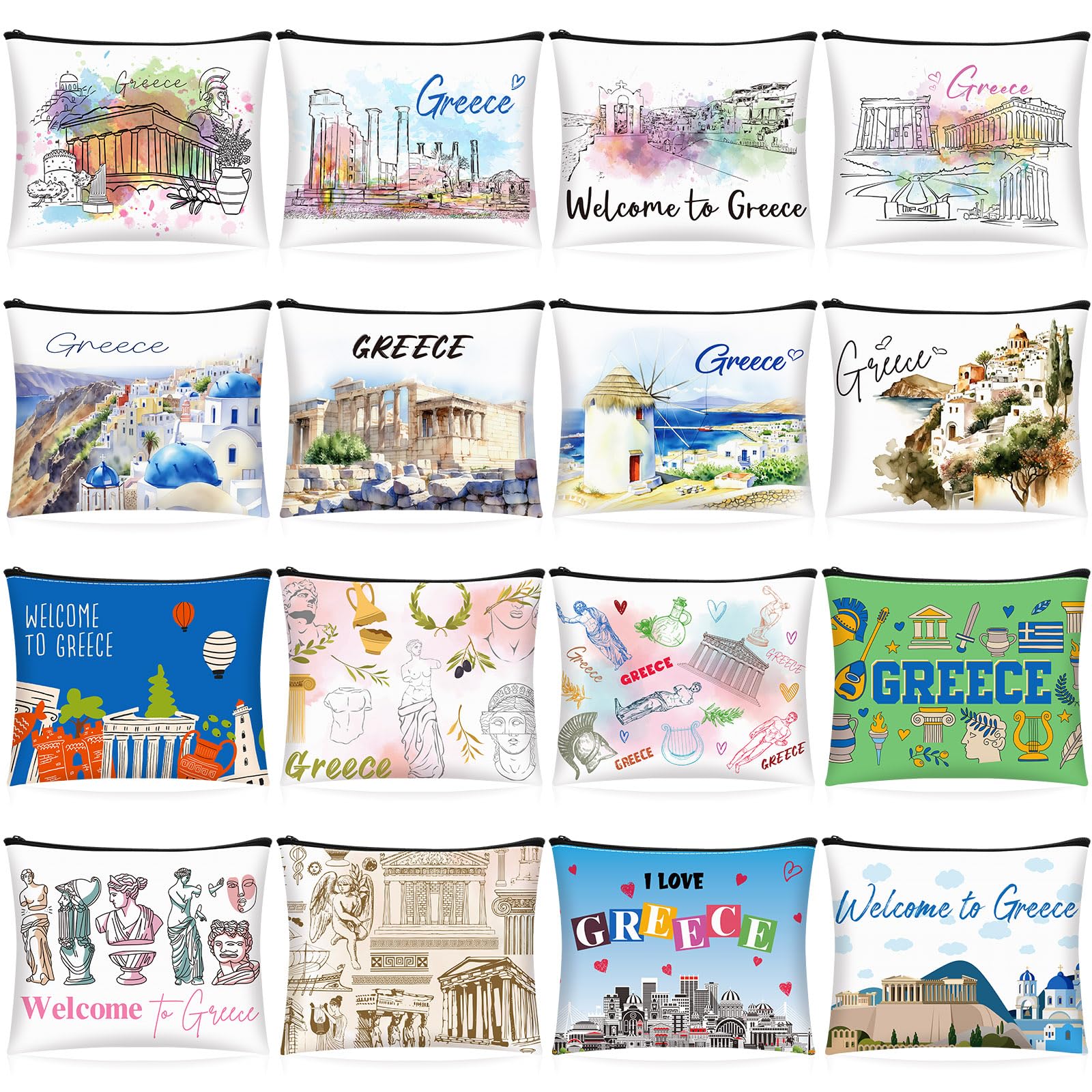 16 Pcs Cosmetic Bag Souvenir Gifts Makeup Bag Travel Vacation Zipper Pouch Purse for Women Birthday Trip Gifts Party Favors(Greece)