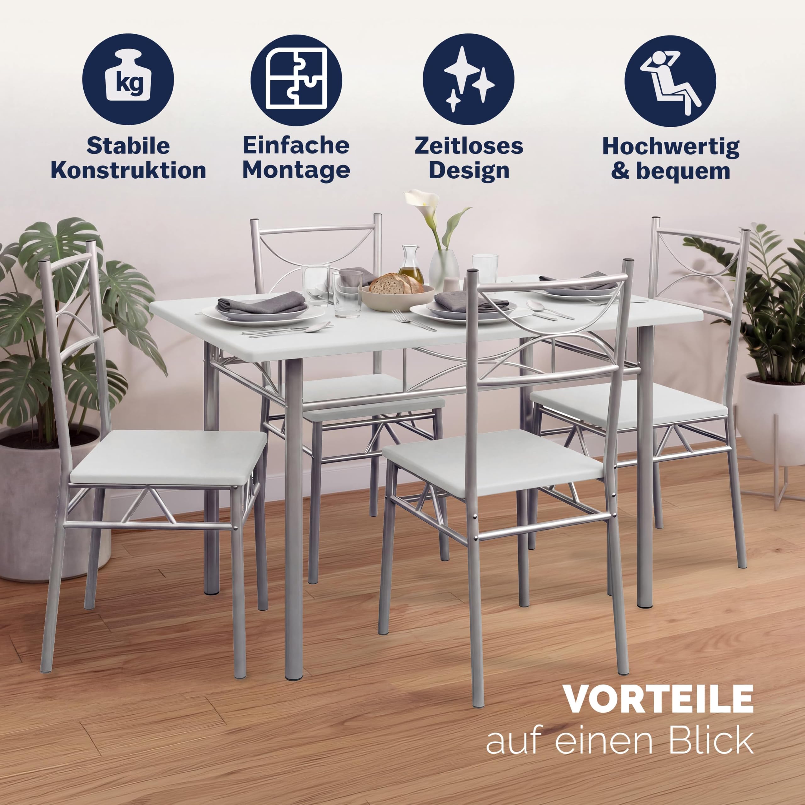 Casaria® Esstisch mit 4 Stühlen Holz 5-TLG Set Metall 110x70cm Industrial Esszimmer Küche Stühle Tisch Möbel Essgruppe Sitzgruppe Paul Weiß