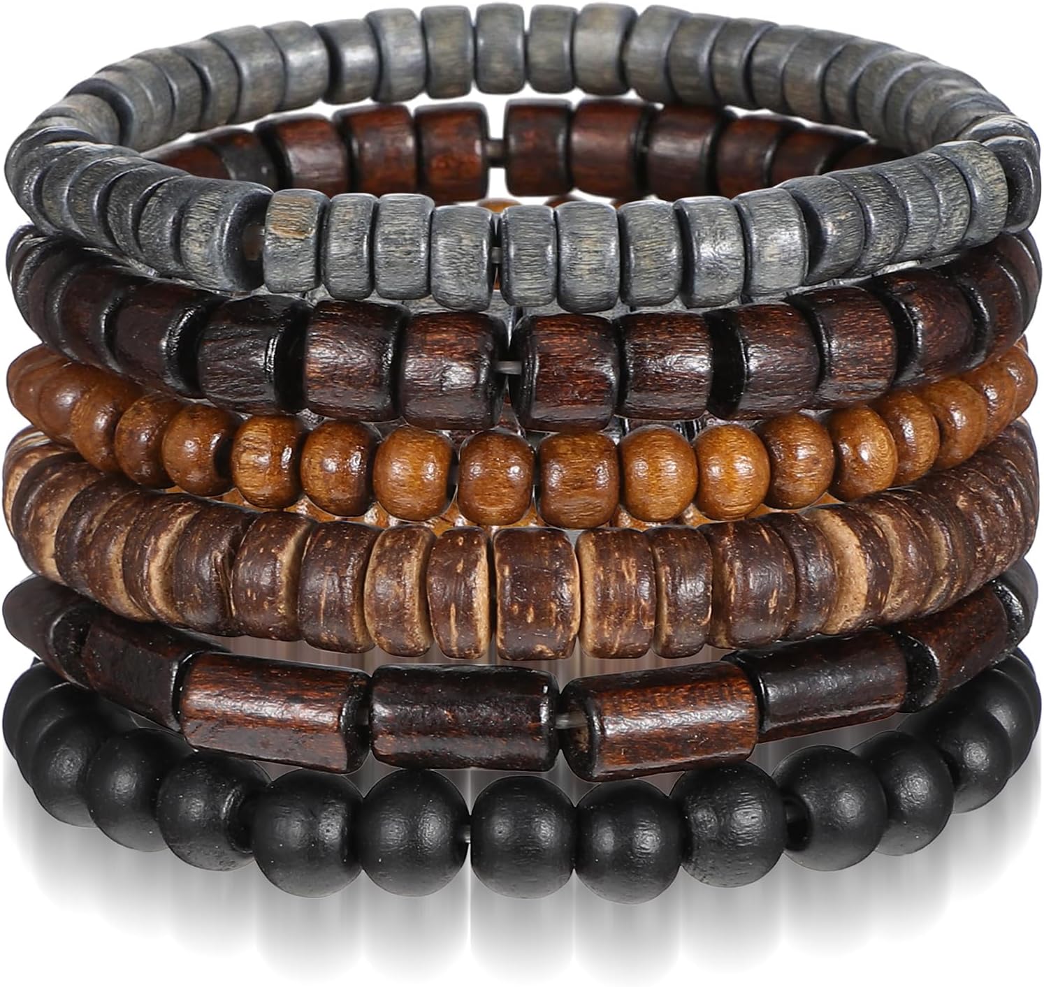 Sibba 6PCS Wooden Beaded Bracelets for Men - Adjustable Grunge Leather Multi-Layer Set, Elastic Rope Cuff Wraps, Vintage Gift for Him & Her