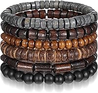 Sibba 6PCS Wooden Beaded Bracelets for Men - Adjustable Grunge Leather Multi-Layer Set, Elastic Rope Cuff Wraps, Vintage Gift for Him & Her