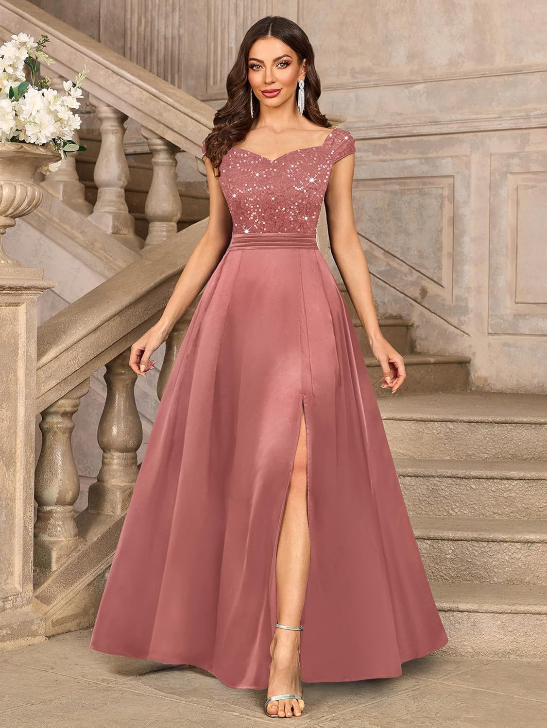 Miusol Women's Elegant V-Neck Sequin Lace Contrast Satin Split Bridesmaid Maxi Dress - Image 5