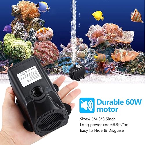 Fountain Pump, 880GPH Submersible Water Pump, Durable 60W Outdoor Fountain Water Pump with 6.5ft Power Cord, 3 Nozzles for Aquarium, Pond, Fish Tank, Water Pump Hydroponics, Backyard Fountain
