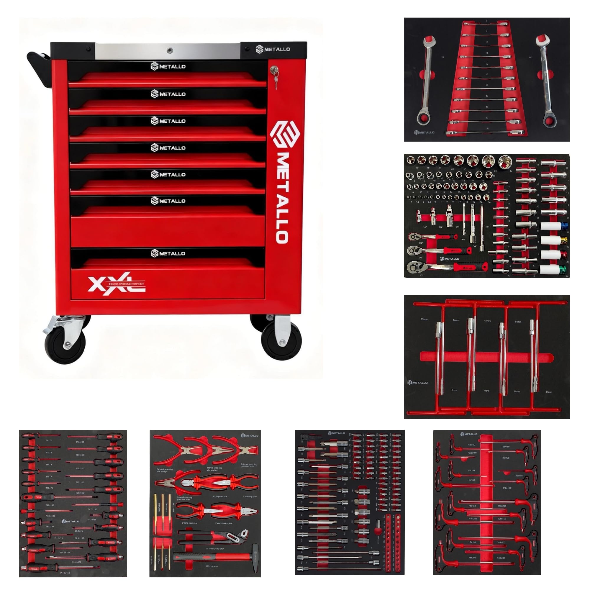 Metallo XXL - Carrello da officina con 7 cassetti, chiave a bussola, cacciavite e pinze, colore: rosso