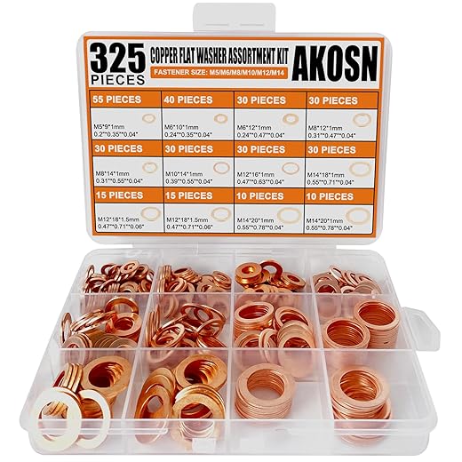 325 PCS, 10 Sizes, Premium Copper Metric Sealing Crush Washers Assortment Kit, Upgraded Flat Ring Oil Drain Plug Crush Washer Gasket Seal Assortment Set, Banjo Bolt Washer for Automotive, Motorcycles
