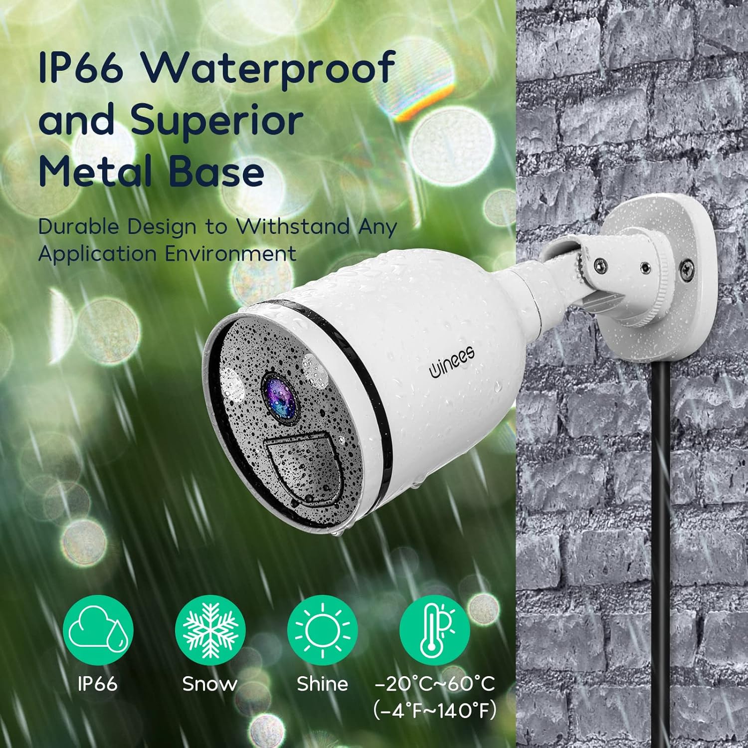 Winees camera mounted on a brick wall in the rain