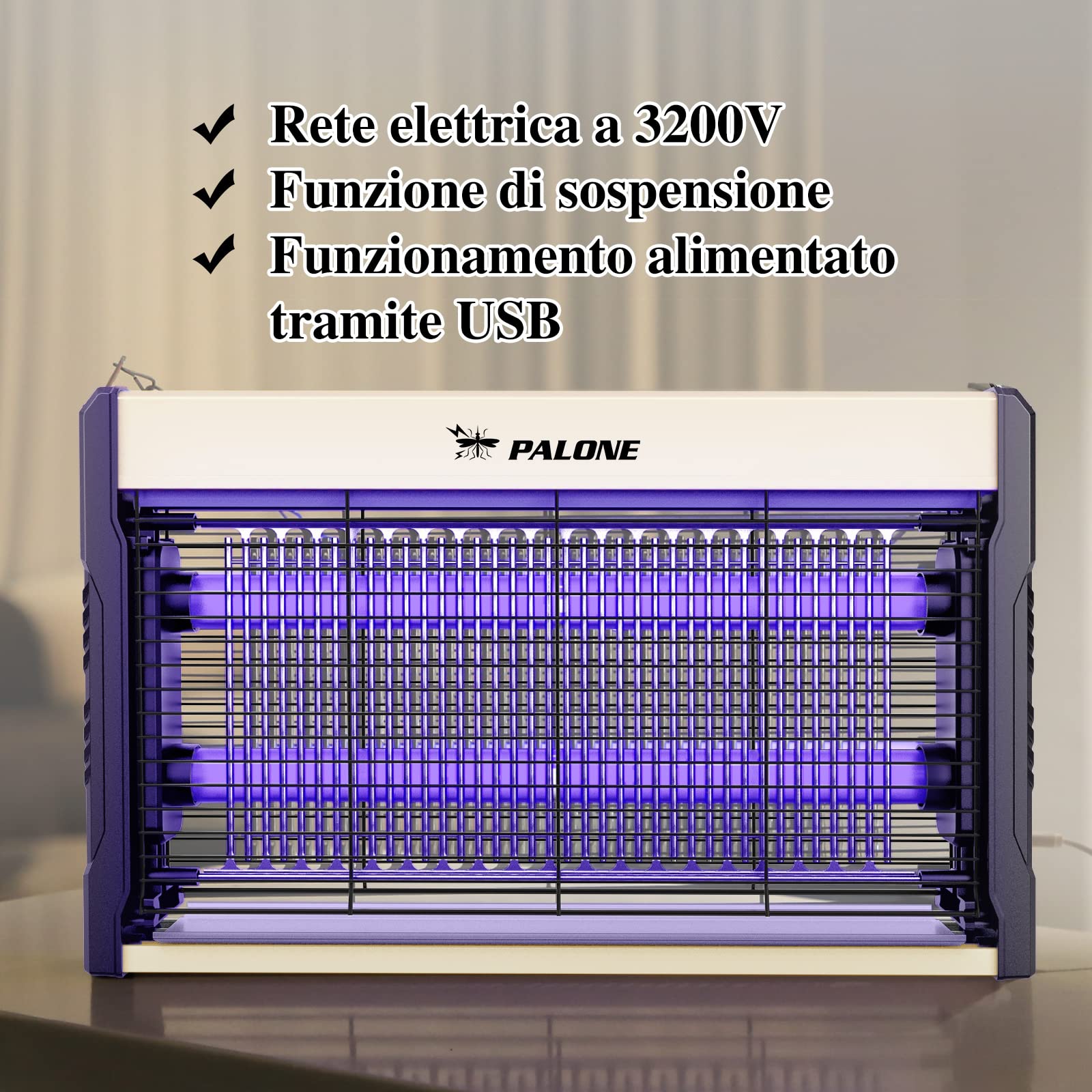 PALONE Lampada Antizanzare 3200V, USB Zanzariera Elettrica, UV LED Lampada Zanzare Protezione al Tatto con Catena und Vassoio per l'uso in interni e nel patio