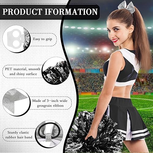 Miniatura 9 de Hanaive 3 pompones de animadora y lazo grande para el pelo de animadora para niña, pompones metálicos para bailar adolescentes