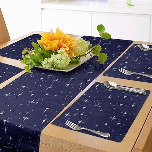 Ambesonne Camino de mesa espacial y manteles individuales, diseño de estrellas de cielo nocturno, imagen romántica de cosmos, fondo punteado,