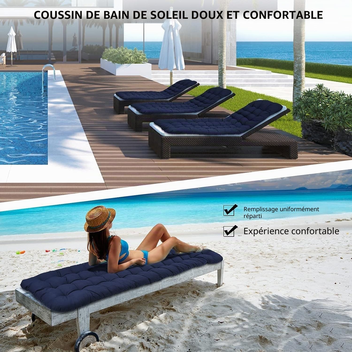 Coussin De Chaise Coussin De Chaise Longu Bain De Soleil, Longue De Jardin Coussin Transat Jardin Exterieur Matelas Pour Transat Coussin Transat Pour Fauteuil Relax Lounge(B,160x48cm/62.9x18.8in)