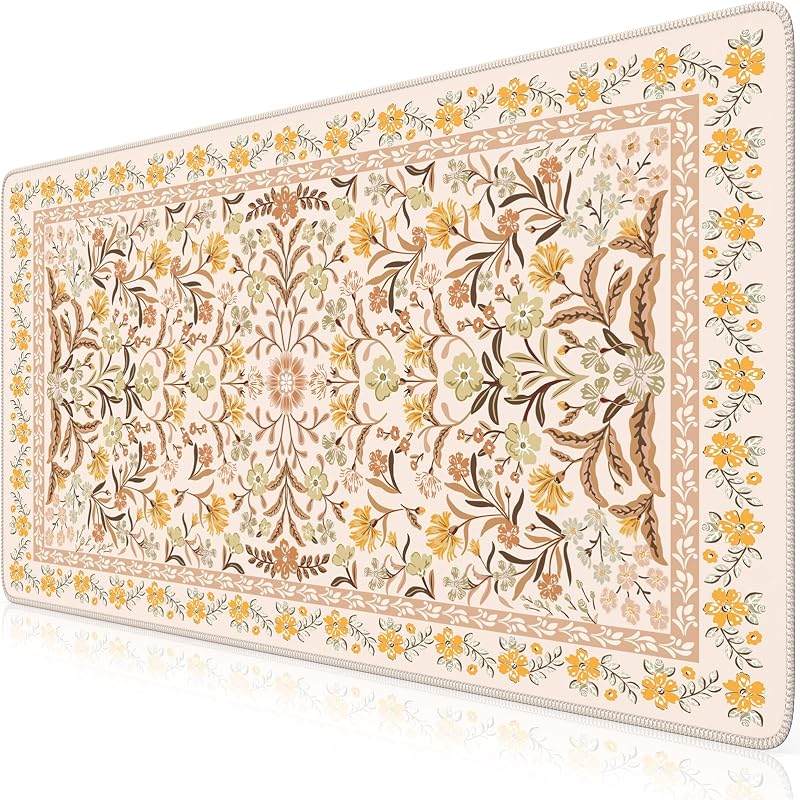 Large Desk Pad for Women Office, Cute Floral Mouse Mat(Brown) | Aesthetic Desk Pad, 35.4" x 15.7" Rubber Base Keyboard Mat for Women Office, Cute Workspace Desk Protector