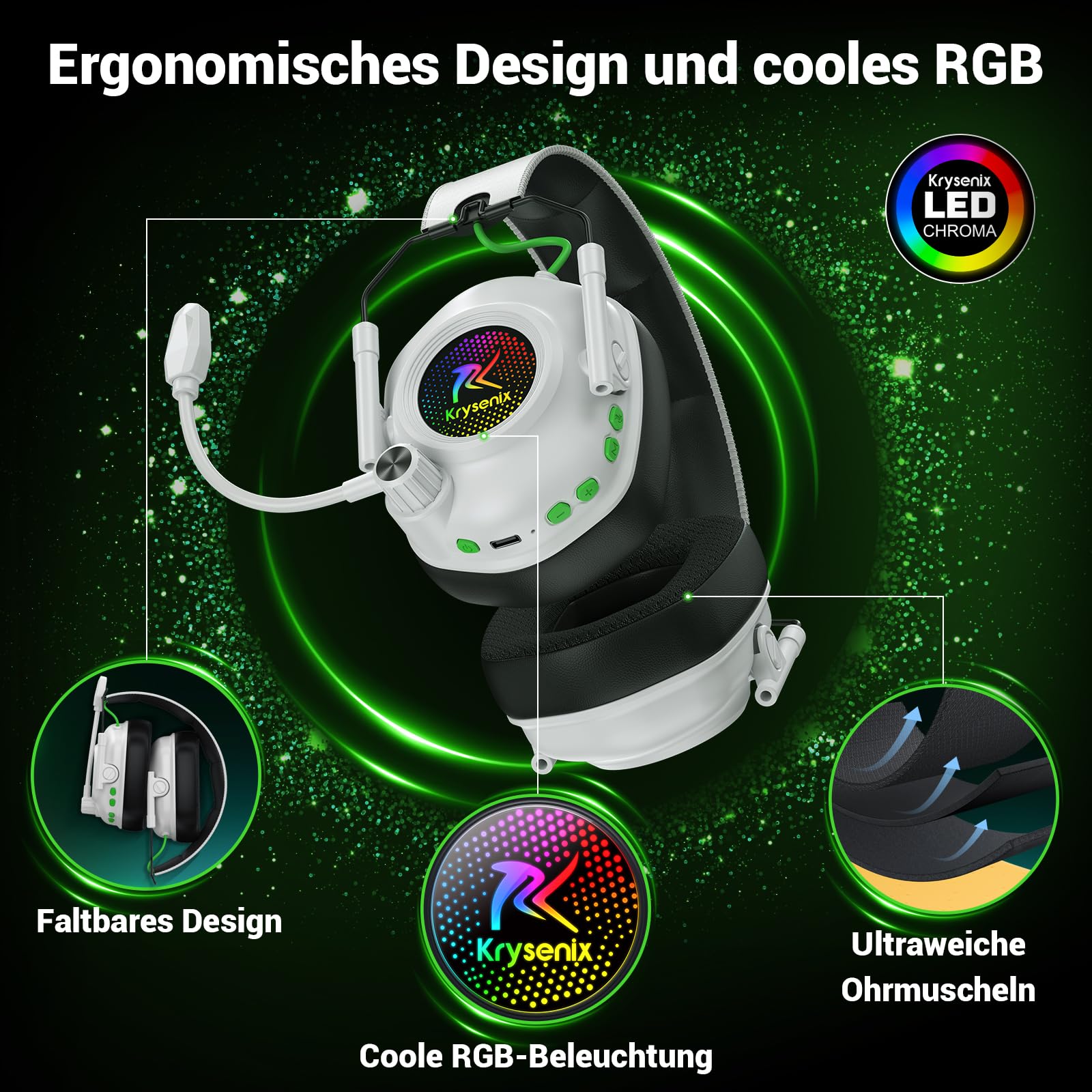Krysenix KGH2 Gaming Headset Wireless für PS4, PS5, PC, Mac, Switch, 2.4GHz Faltbares Kabelloses Headset mit Mikrofon&LED, 40H Akkulaufzeit, Reines Weiß