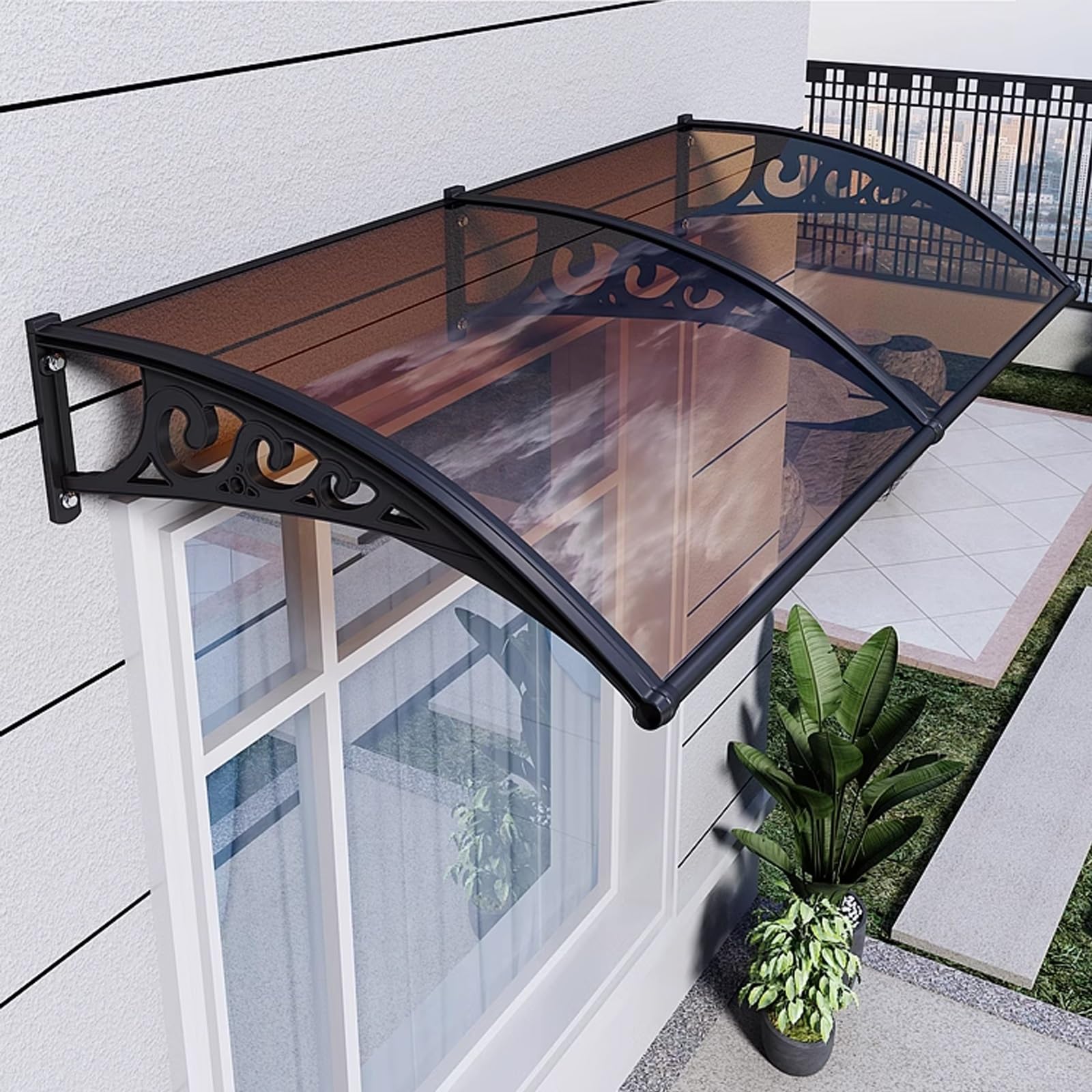GJMSSMY Waterproof Door Canopy Outdoor Front Porch Canopy with Polycarbonate Roof & Aluminum Frame Perfect for Patio Roof Window (Brown 60x80cm / 24x32in)