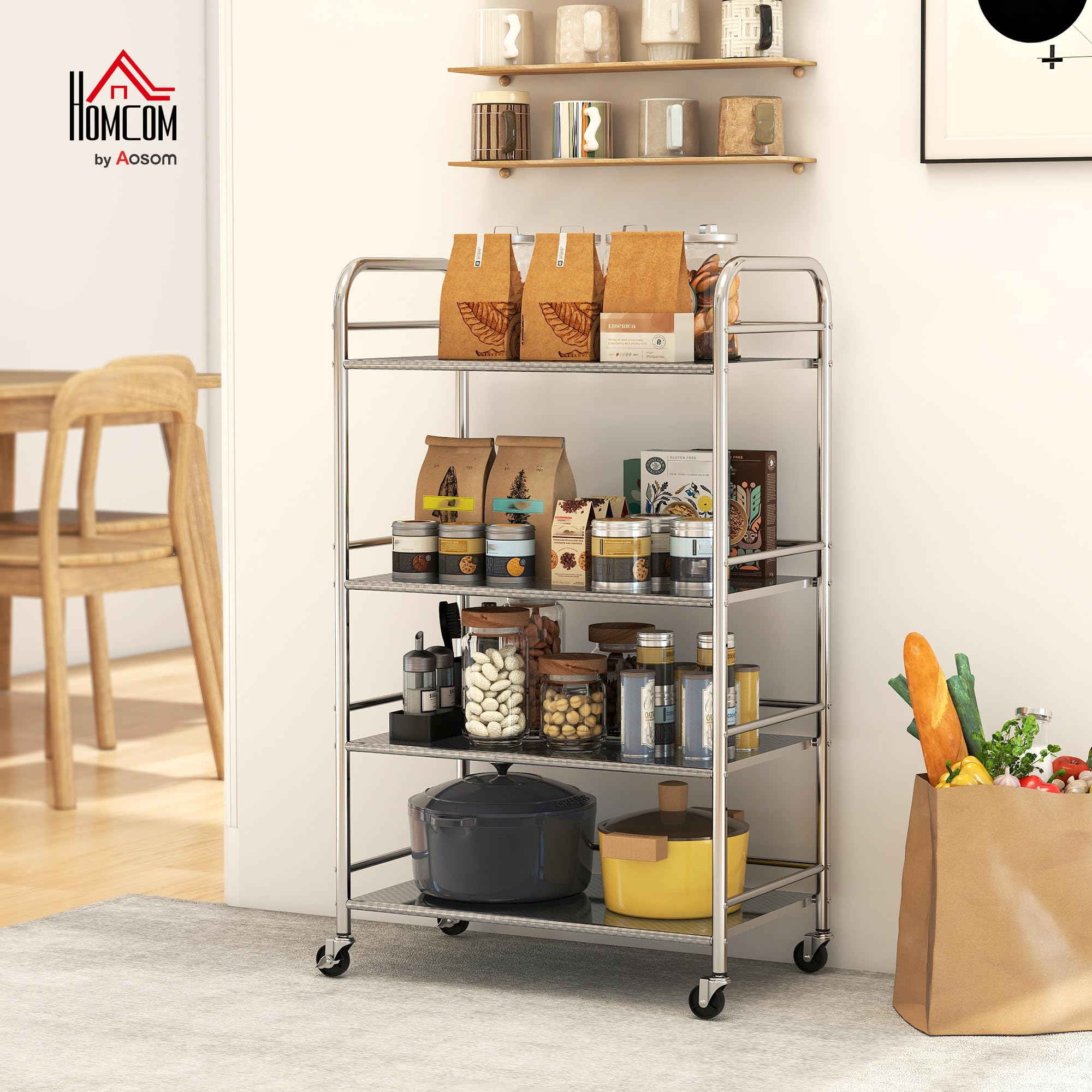 HOMCOM Carrello da Cucina a 4 Livelli con 2 Ripiani Regolabili e Bordi Rialzati, Carrello Cucina Salvaspazio in Acciaio Inox 201 con 4 Ruote e 2 Freni, 60x35x100 cm, Argento
