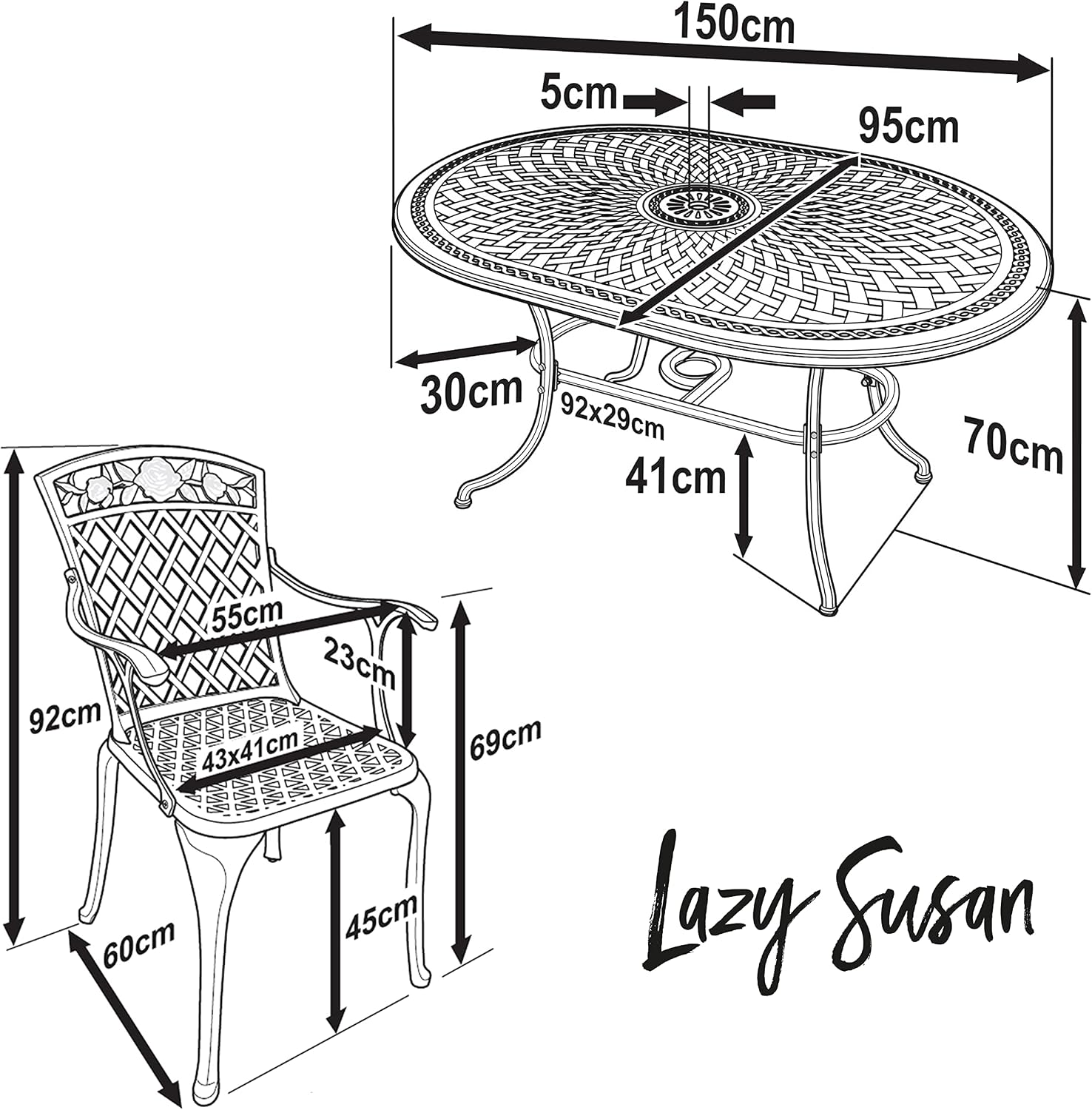 Lazy Susan June 6 Seater Oval Garden Table and Chairs Set, Maintenance Free, Weatherproof, Cast Aluminium, Antique Bronze Finish, Matching Rose Chairs