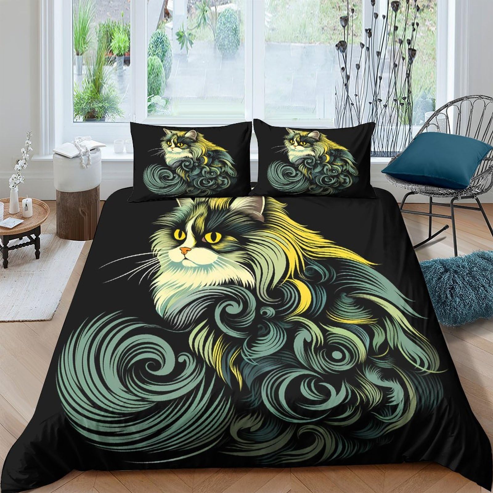 Ctjqhvkz Style-6 3D Printed Artistic Cat Fitted Sheet Microfiber Black Swirl Bed Cover For Bedroom Guest Room Machine Washable Single（135X200cm）