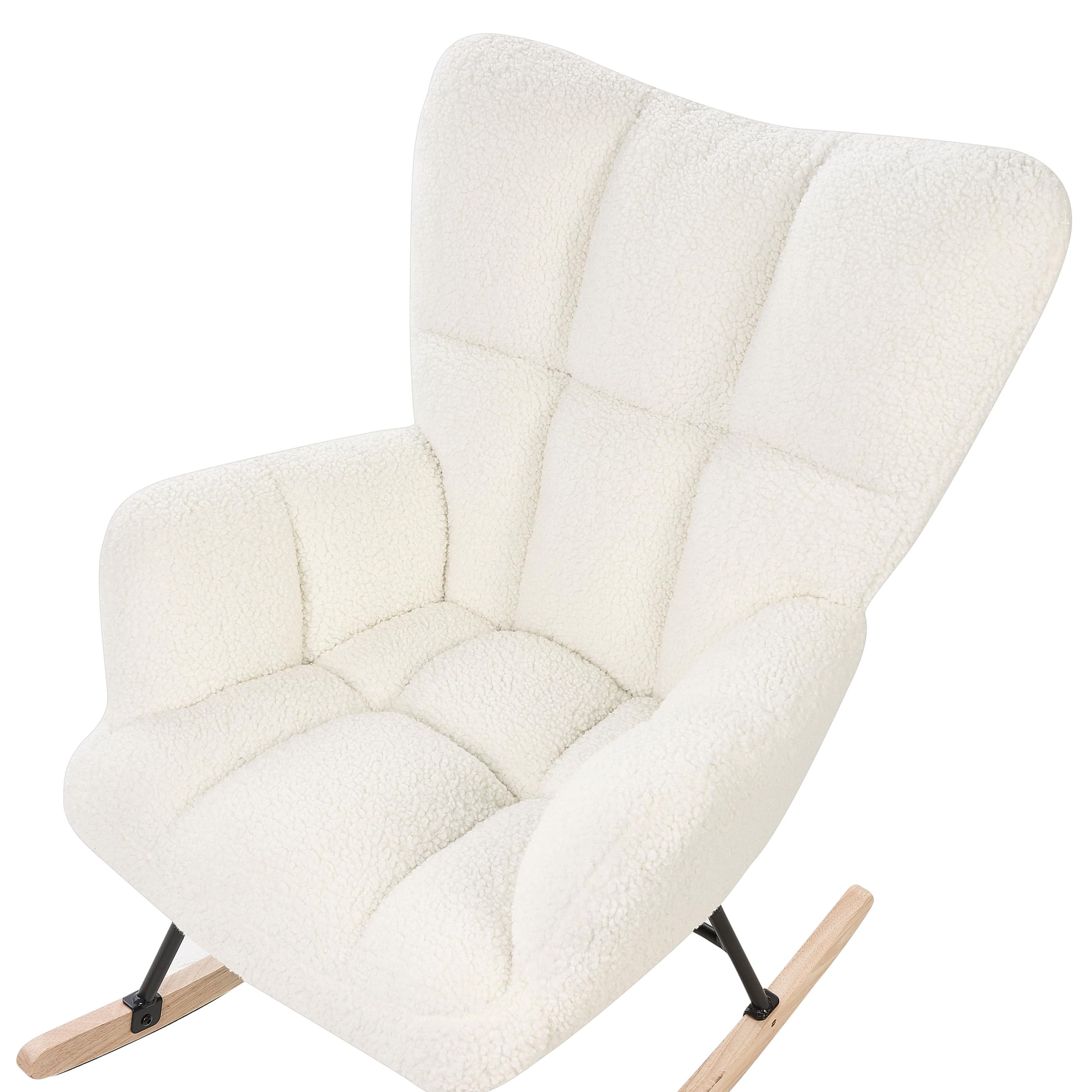 Fauteuil à Bascule Moderne en Tissu Boucle Blanc et Pieds en Bois Oulu