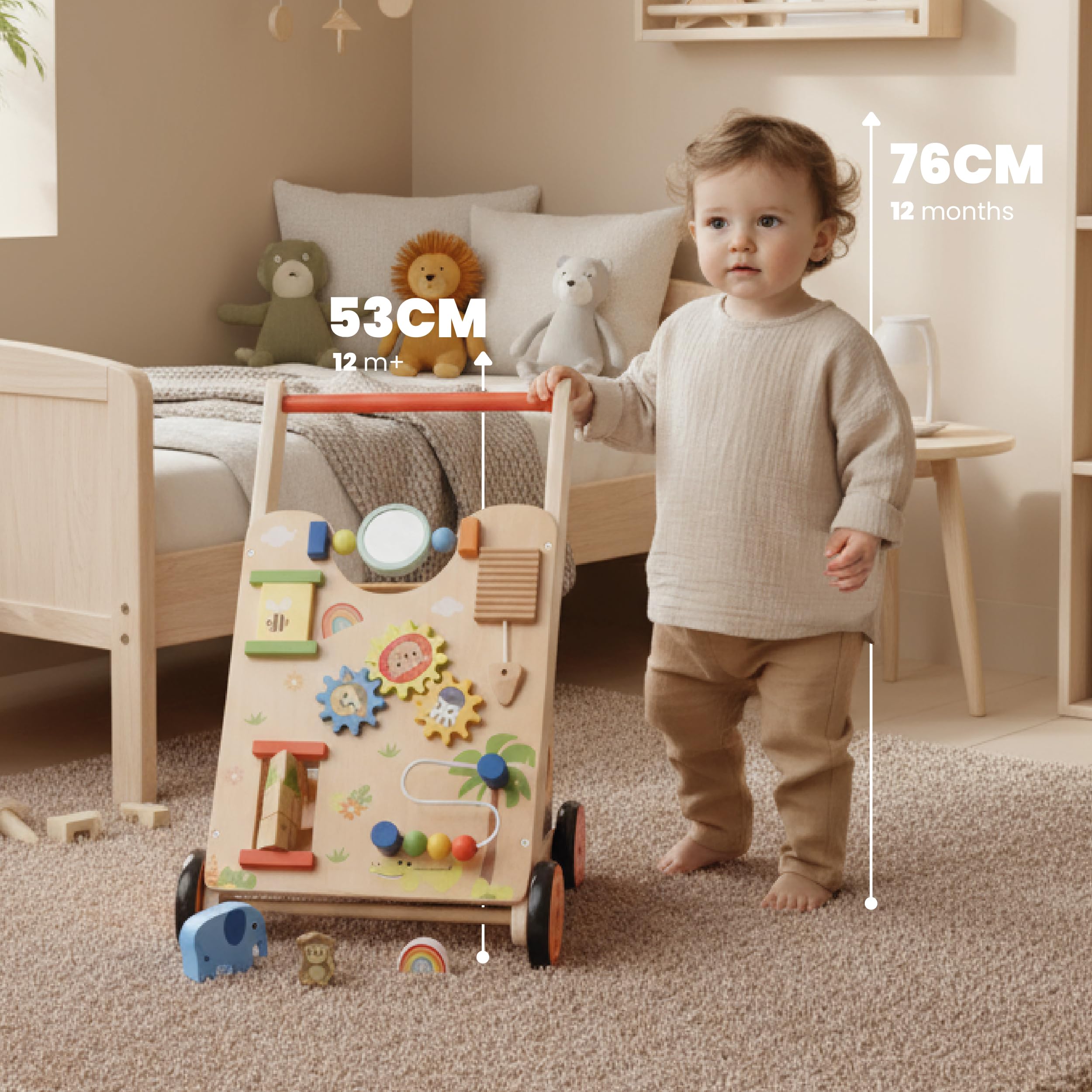 SUN BABY Interactive Baby Push Walker 12-36 Months - Brown | Activity board, interactive toys and stable wheels